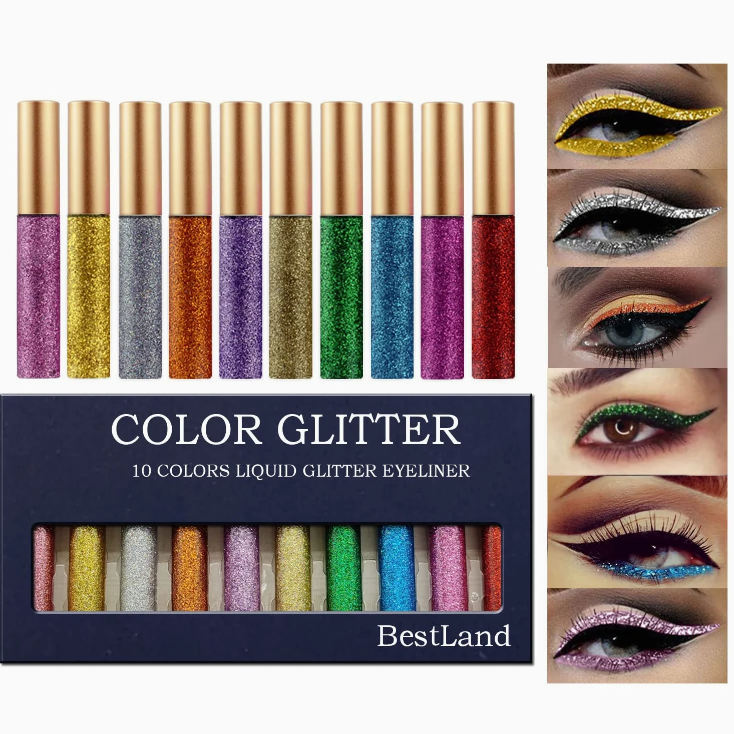 BestLand 10 colori Liquid Glitter Eyeliner Set Metallico Shimmer Glitter Ombretto Pigmento Sopracciglio Shimmer Arancione Oro Verde Impermeabile Colorato Eye Liner