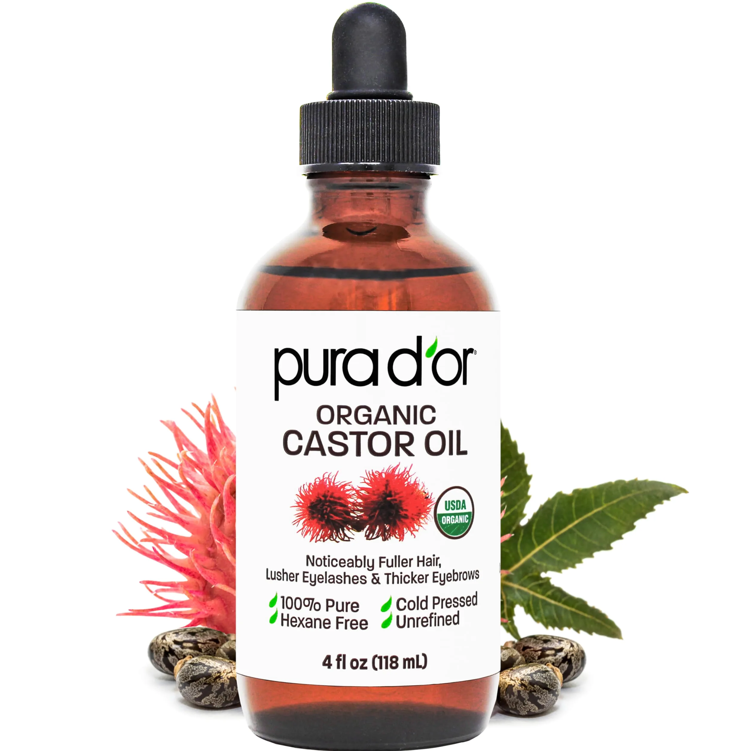 Pura D'Or Olio di ricino (118 ml) 100% puro olio naturale per crescita di peli, sopracciglia, ciglia Olio senza esano pressato a freddo per idratare e curare la pelle secca