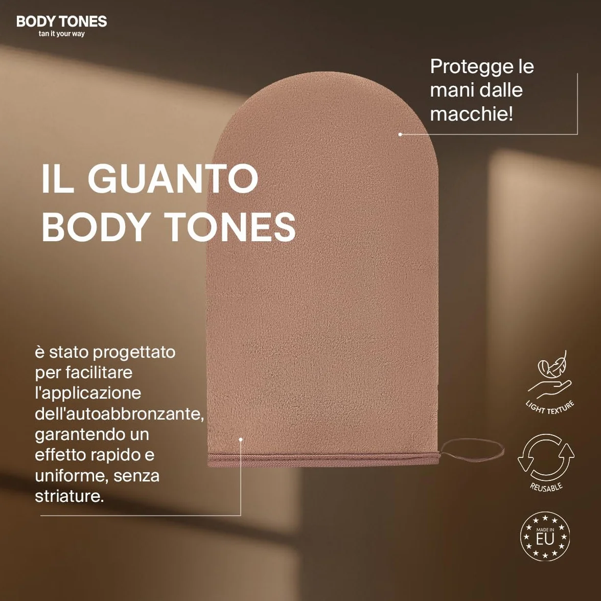 BODY TONES Schiuma Autoabbronzante Set 155 ml con Guanto – Autoabbronzante Corpo, Self Tan Naturale, Mousse Idratante