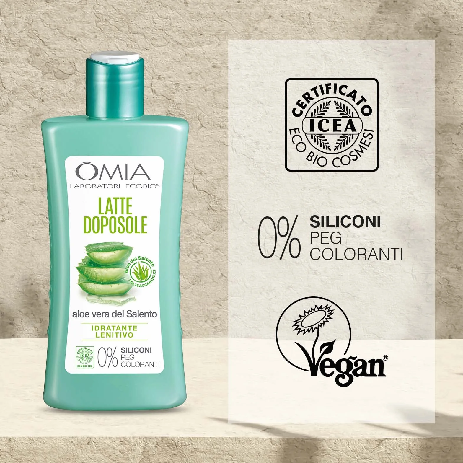 Omia, Doposole Latte Lenitivo con Aloe Vera del Salento, Azione Idratante e Nutriente, Effetto Riparatore, con Olio di Argan, Macadamia e Burro di Karité, Dermatologicamente Testato, Flacone da 200 ml
