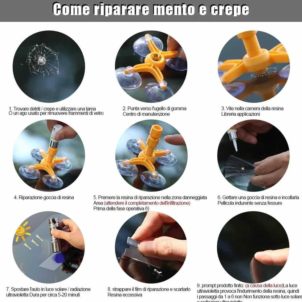 Manelord Car Kit Riparazione Parabrezza Auto Set Riparazione Chip Crepe Bulls-Eye Ragnatela Stella Nichel Mezzaluna