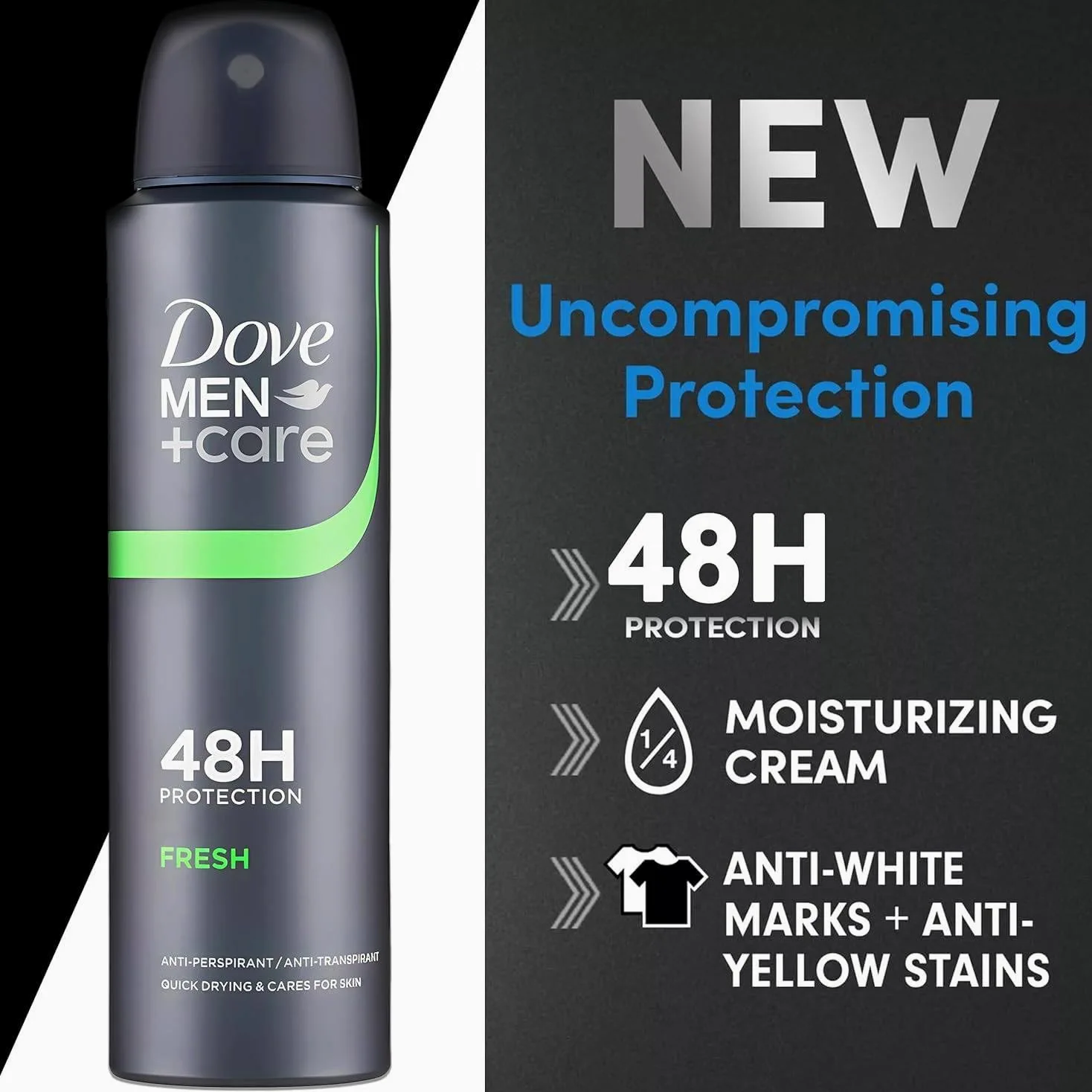 Dove Men+Care Fresh Deodorante Spray Anti-Traspirante 48H, Anti-Macchie, con Vitamina E e 1/4 di Crema Idratante, 150 ml (12)