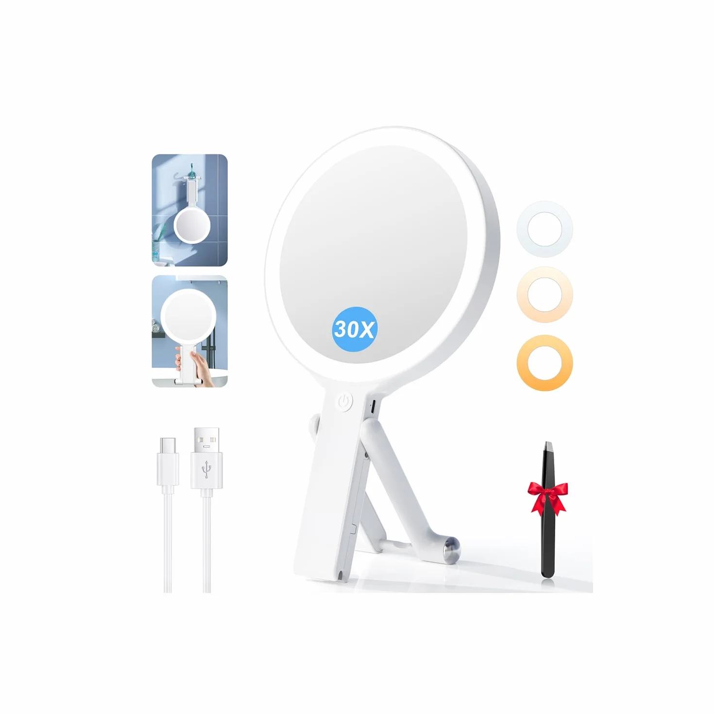Auxmir Specchio Trucco con Luci LED 30X/1X Ingranditore Bifacciale 3 Colori Regolabile Pieghevole da Tavolo Ricaricabile Portatile