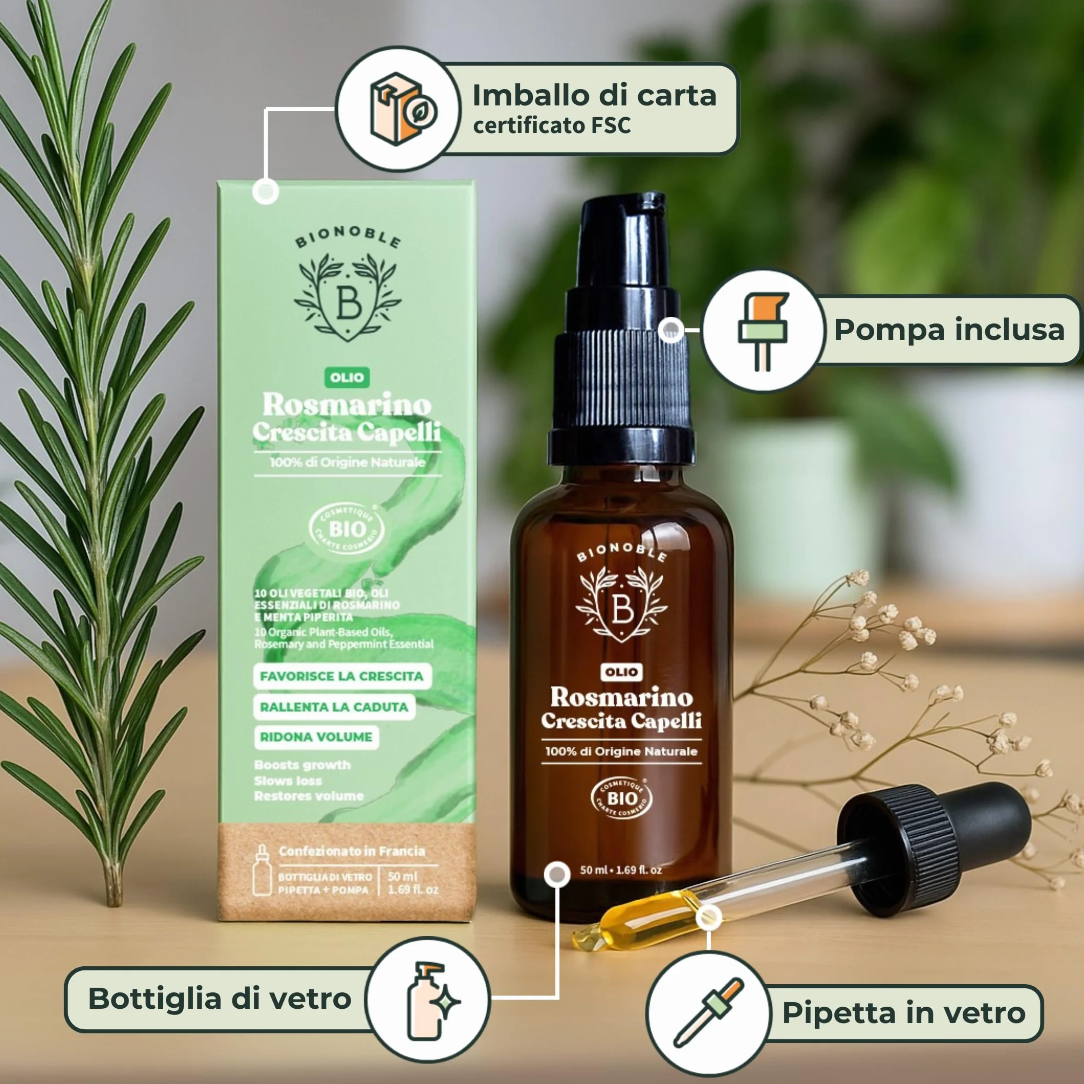 BIONOBLE Olio di Rosmarino per Capelli Bio 50ml - Stimola Crescita, Nutre il Cuoio Capelluto