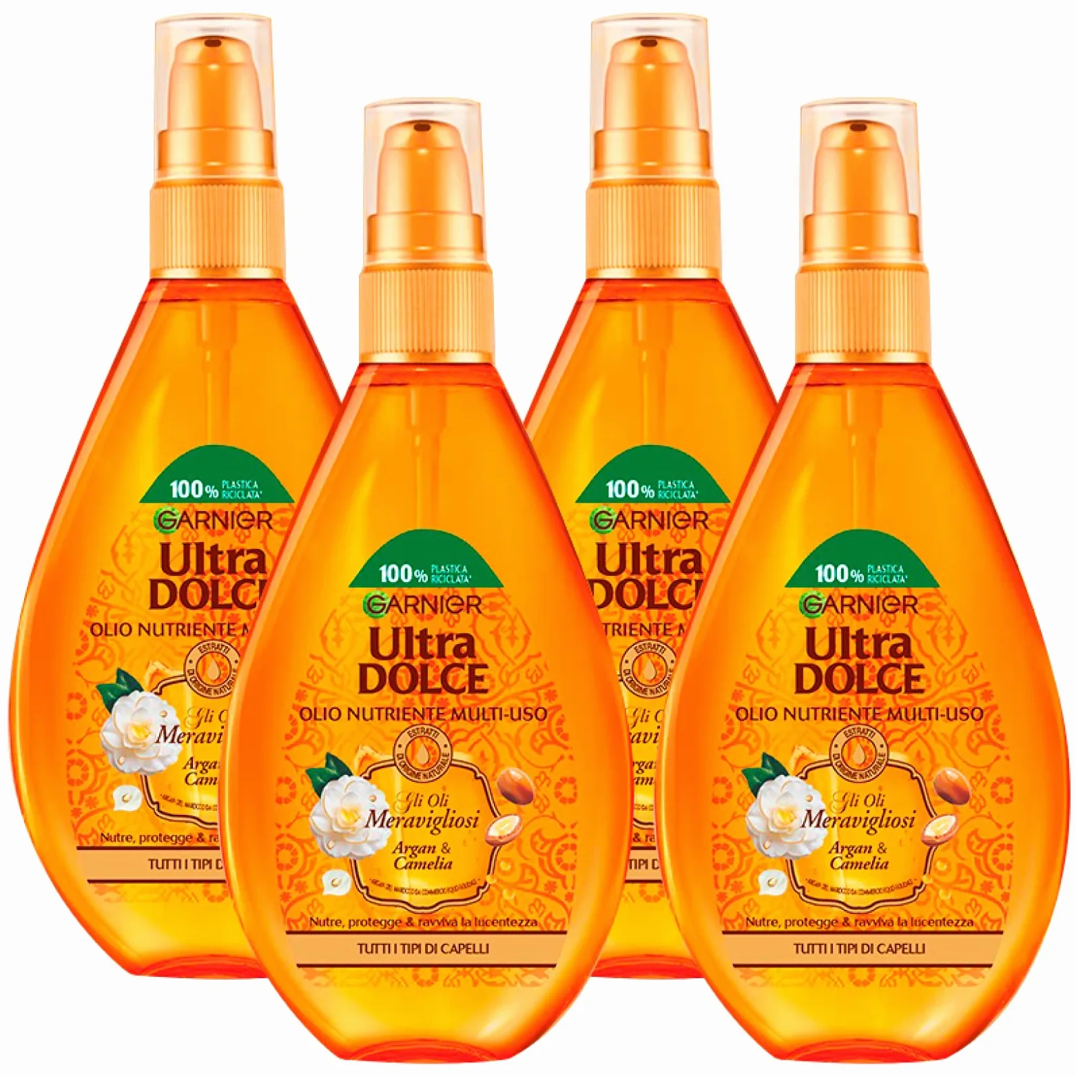 Garnier Ultra Dolce Olio di Argan per Capelli Trattamento Protettivo e Nutriente Formula Spray con Camelia ad Azione Illuminante Multi-Uso Oli Meravigliosi con Estratti Naturali - 4 Flaconi da 150ml