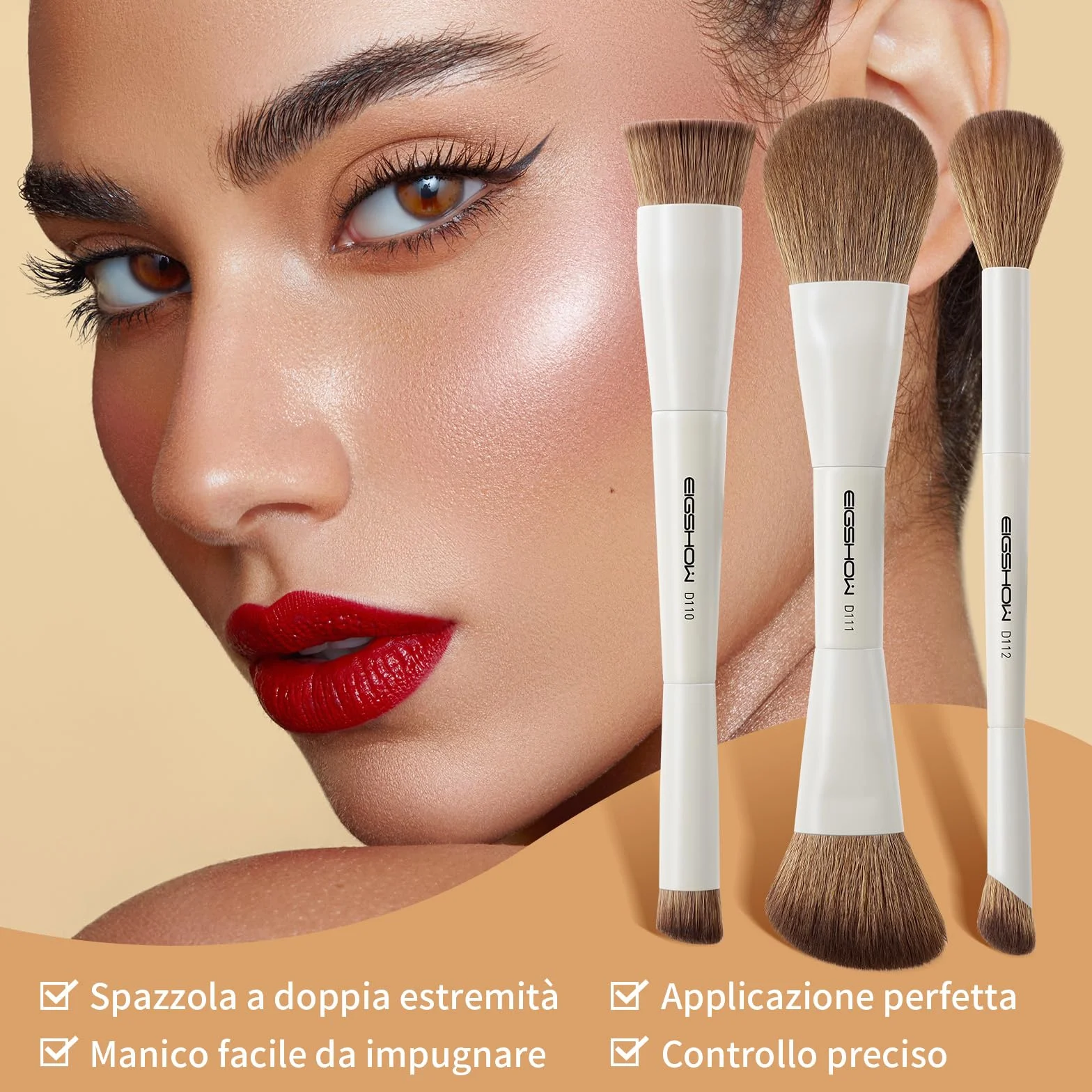 EIGSHOW Set di Pennelli per Trucco, Set Pennelli Make Up da 3 Pezzi, Set Pennelli Trucco con Due Estremità, Viso in Fibra Sintetica Morbida, Adatti per Polveri Liquide e Cremose, Beige