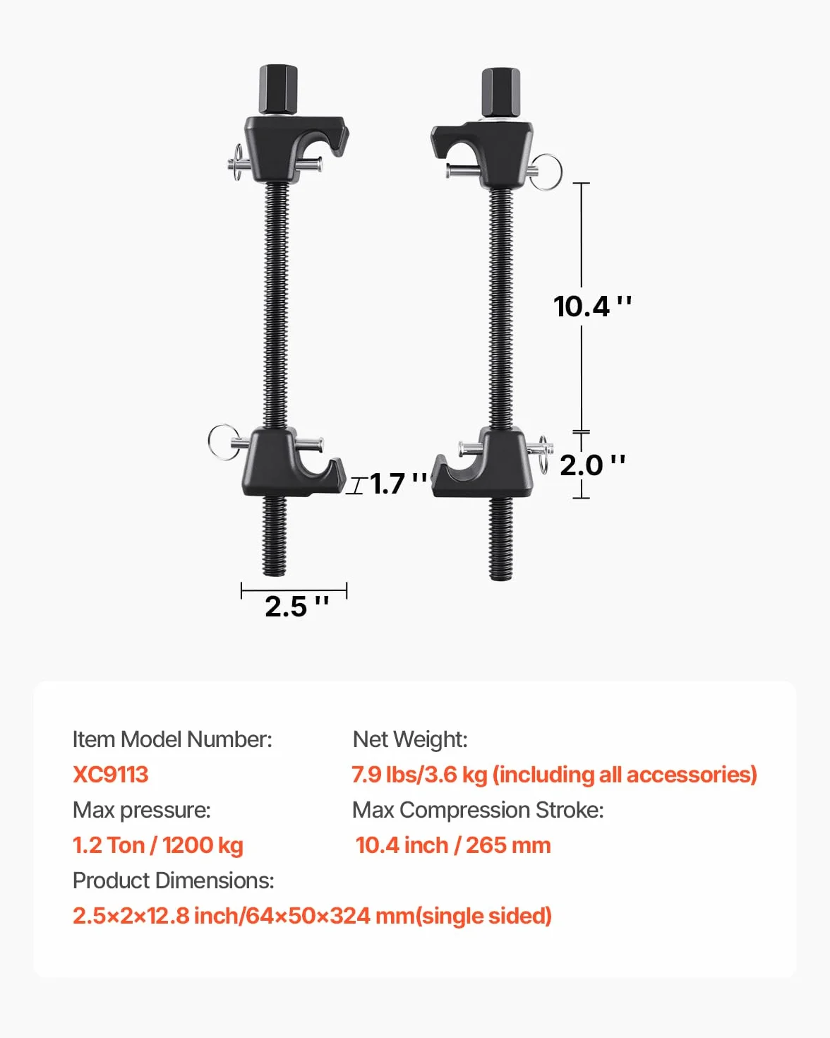 VEVOR Compressore per Molle Ammortizzatori Set 2 Pezzi, Corsa Max. 264 mm, Utensile Compressione Elicoidali per Auto Camion