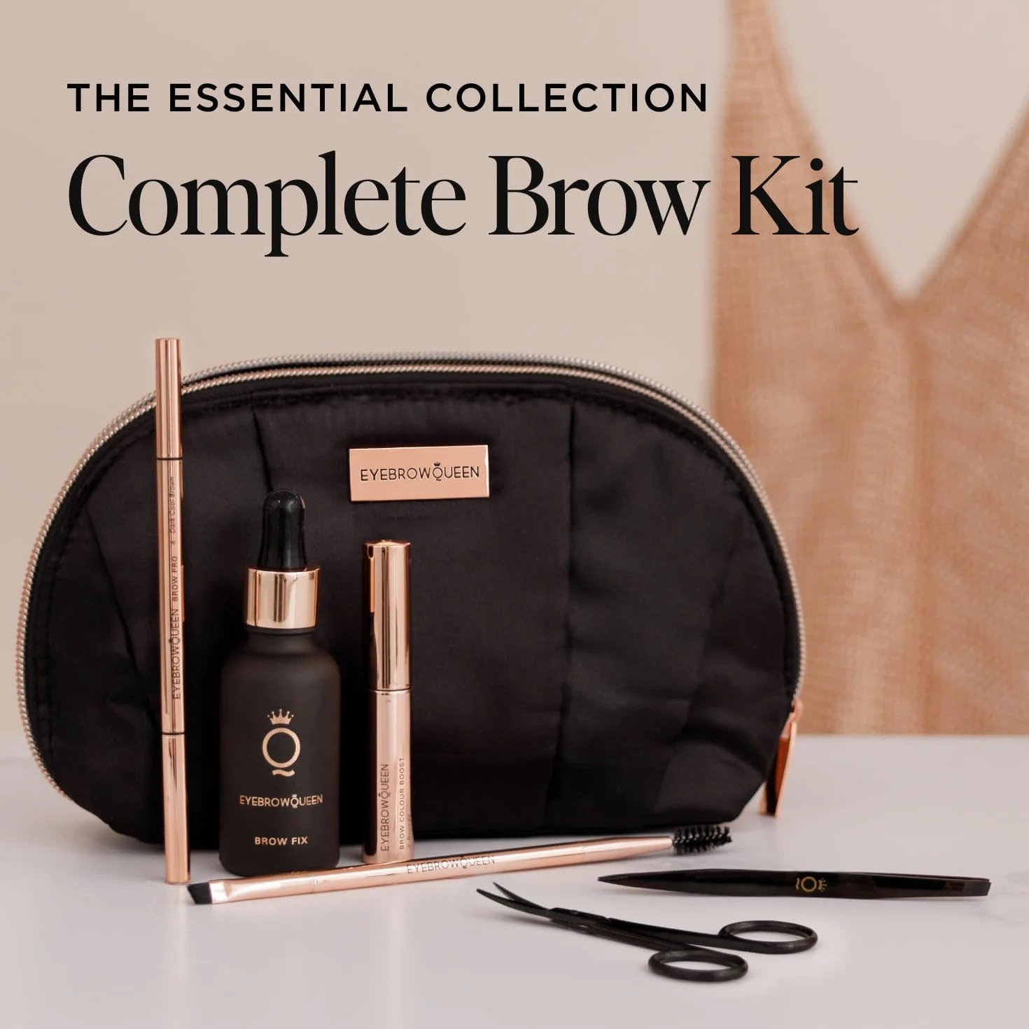 Eyebrowqueen Essential Collection -Eyebrow Kit - Black Brown. (Contains Eyebrow Pencil, Sculpting Gel, Eyebrow Brush, Tweezers, Scissors and Brow Fix Solution).