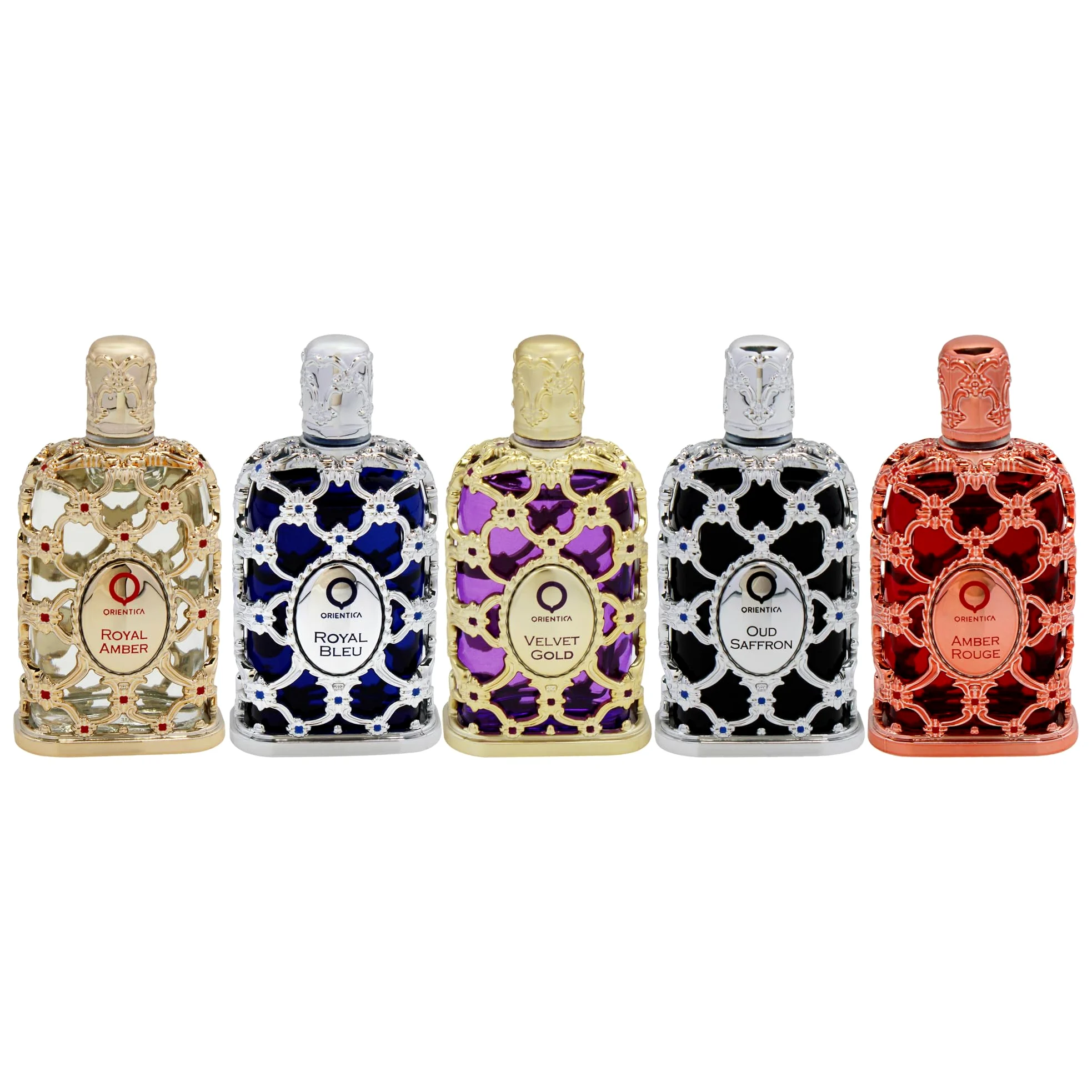 Orientica Luxury Collection Set Discovery Miniature Eau de Parfum 5 Pezzi (5 x 7.5 ml) – Amber Rouge, Royal Amber, Oud Saffron, Velvet Gold e Royal Bleu – Profumo Arabo Unisex per Donna e Uomo