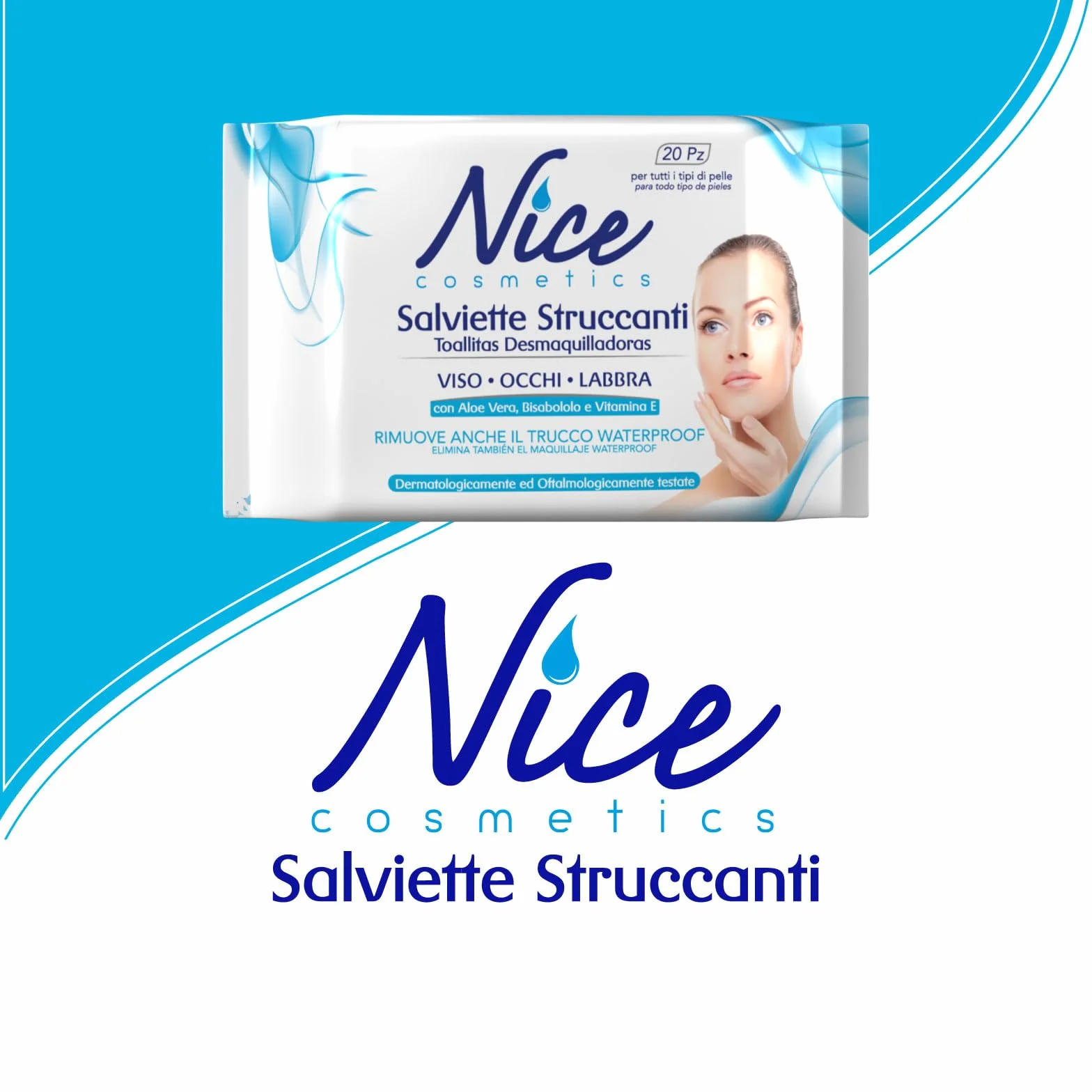 Nice Salviette Struccanti per Viso, Occhi e Labbra, con Aloe Vera, Bisabololo e Vitamina E, Dermatologicamente e Oftalmologicamente Testate, Confezione Tascabile da 20 Salviette