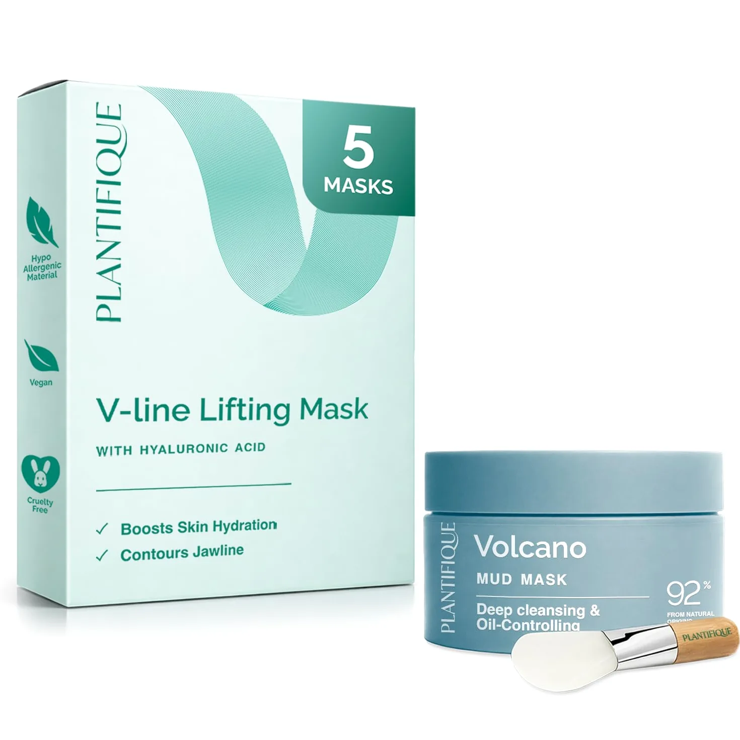 PLANTIFIQUE Maschera Viso Coreana Argilla Vulcanica - Purifica, Affina Pori, Idrata e Calma -110 g & Doppio Mento Cintura Viso V-Line - Soluzione Naturale per un Aspetto Giovane e Fresco - 5 Maschere
