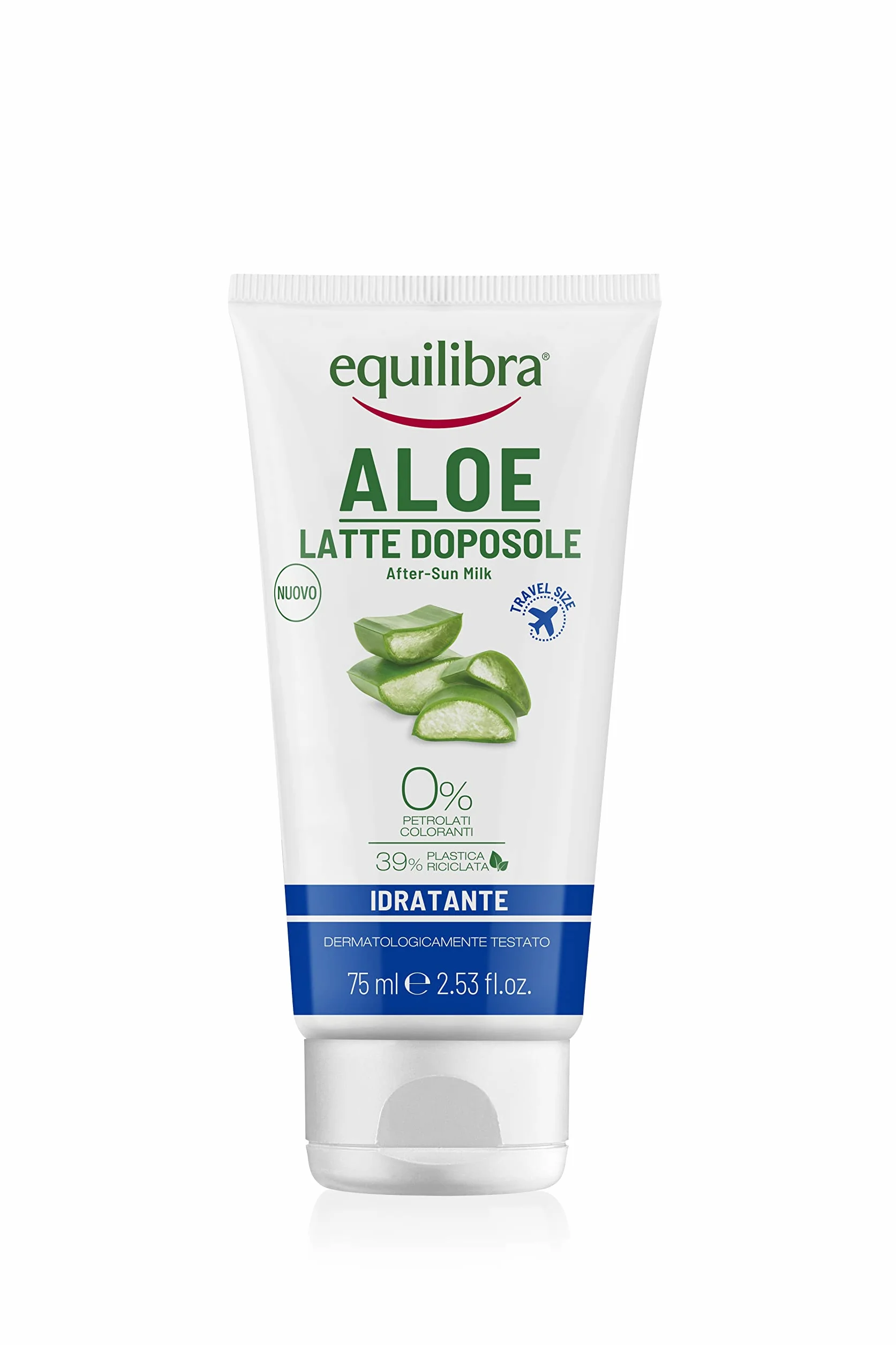 equilibra Solari, Aloe Latte Doposole Idratante Travel Size, a Base di Olio di Carota, Vitamina E, Aloe Vera equilibra (40%), Doposole Idratante che Rinfresca e Riequilibra la Pelle Arrossata, 75 ml