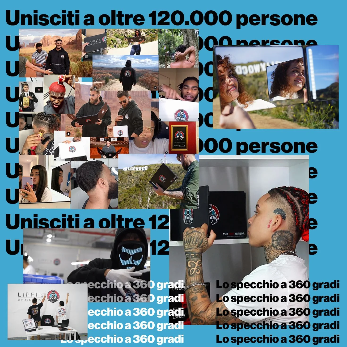 Specchio da taglio a 360 gradi 3 lati pieghevole per barbiere con LED e altezza regolabile