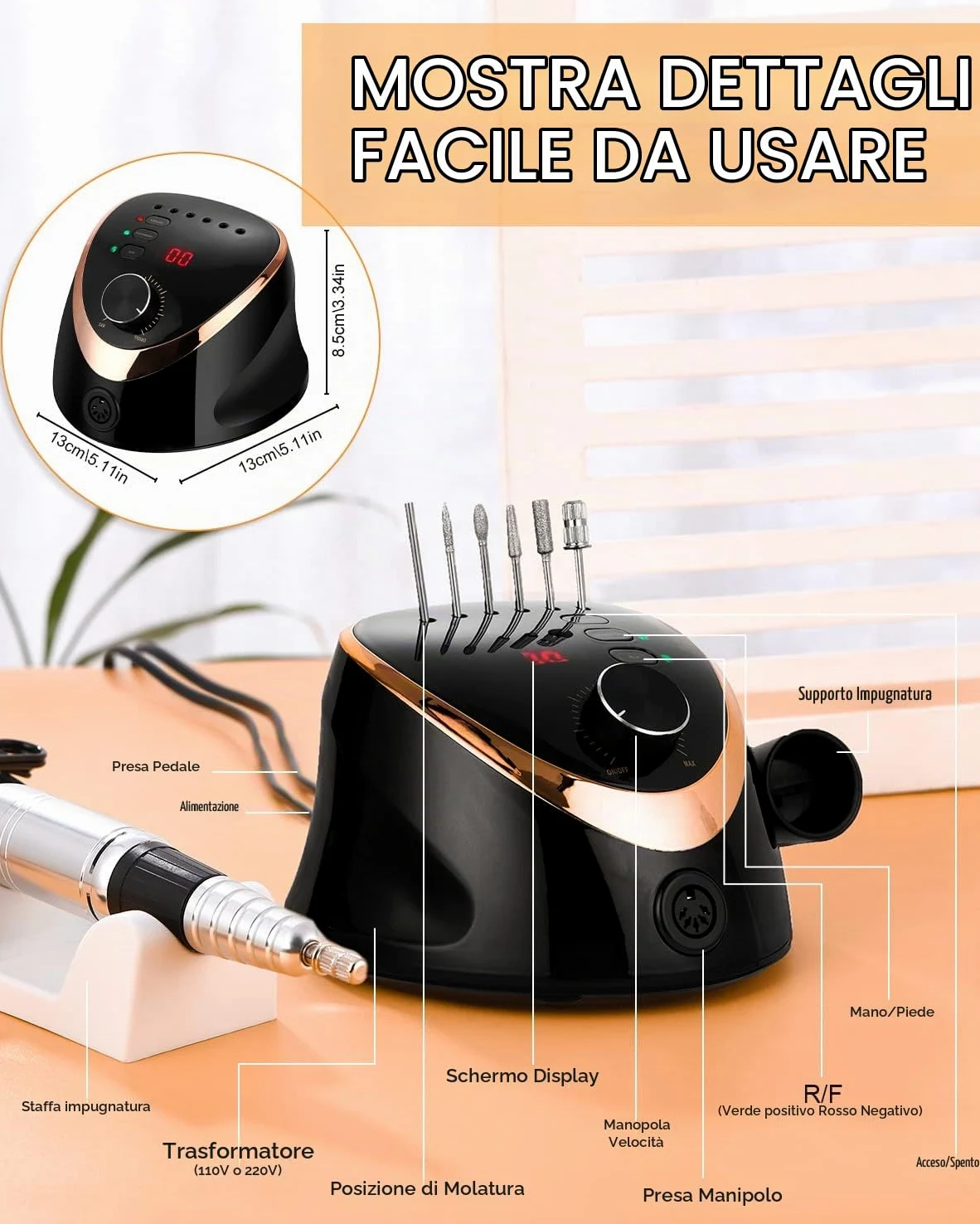 Fresa per Unghie Professionale 35000 Giri Trapano per Unghie Regolabile La Rettificatrice con Modalità Pedale,Display LED Elettrico di Chiodo Strumenti Fresa per unghie acriliche gel Pedicure Nero | Fresa per unghie con indicatore LED, pedale, velocità re