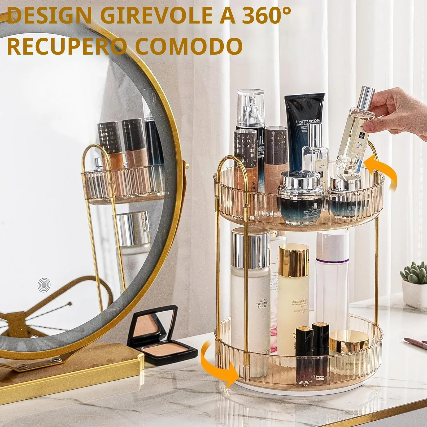Organizzatore di Trucco Rotante a 360° Grande Capacità per Cosmetici Profumi Cura della Pelle Bagno 2 Strati Ambra