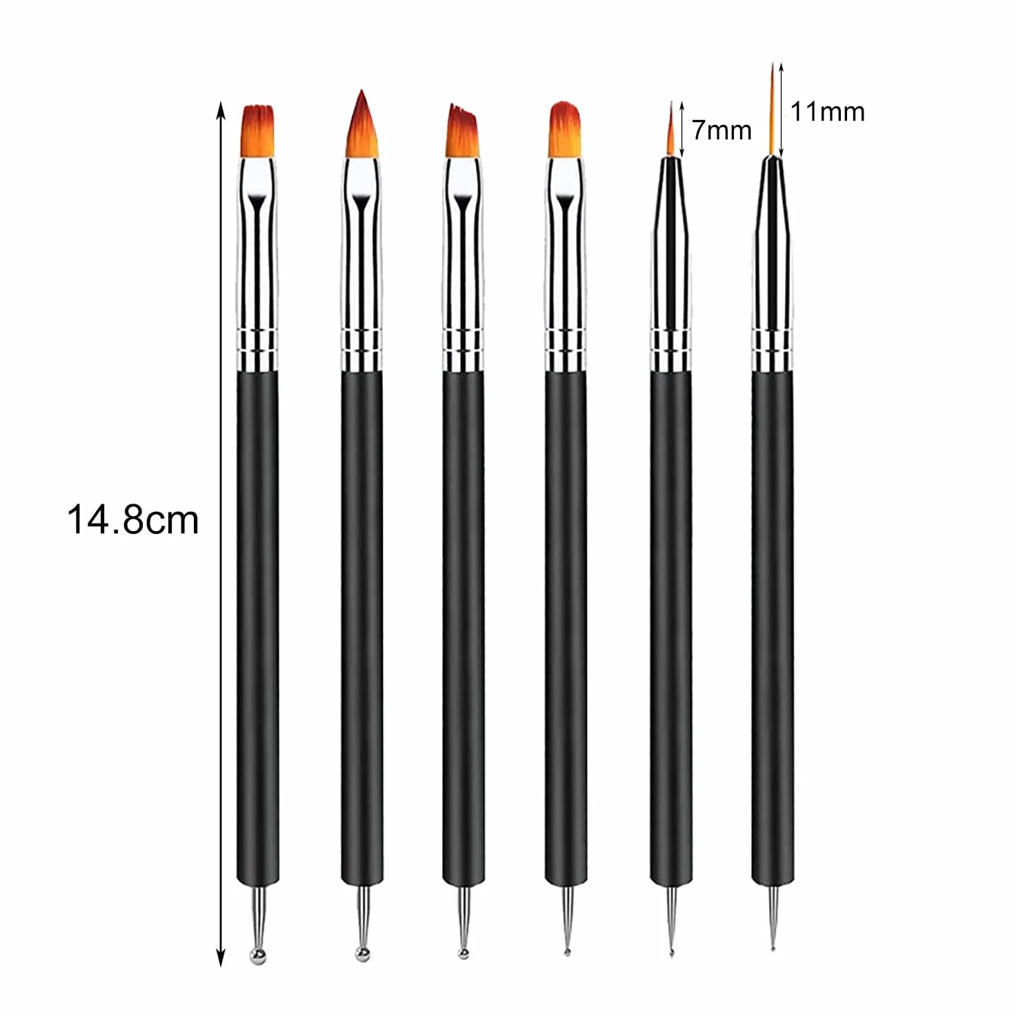 Pennelli Unghie Gel Doppia Punta Nail Art 6 Pezzi con Punteggiatura per DIY Decorazioni Nero