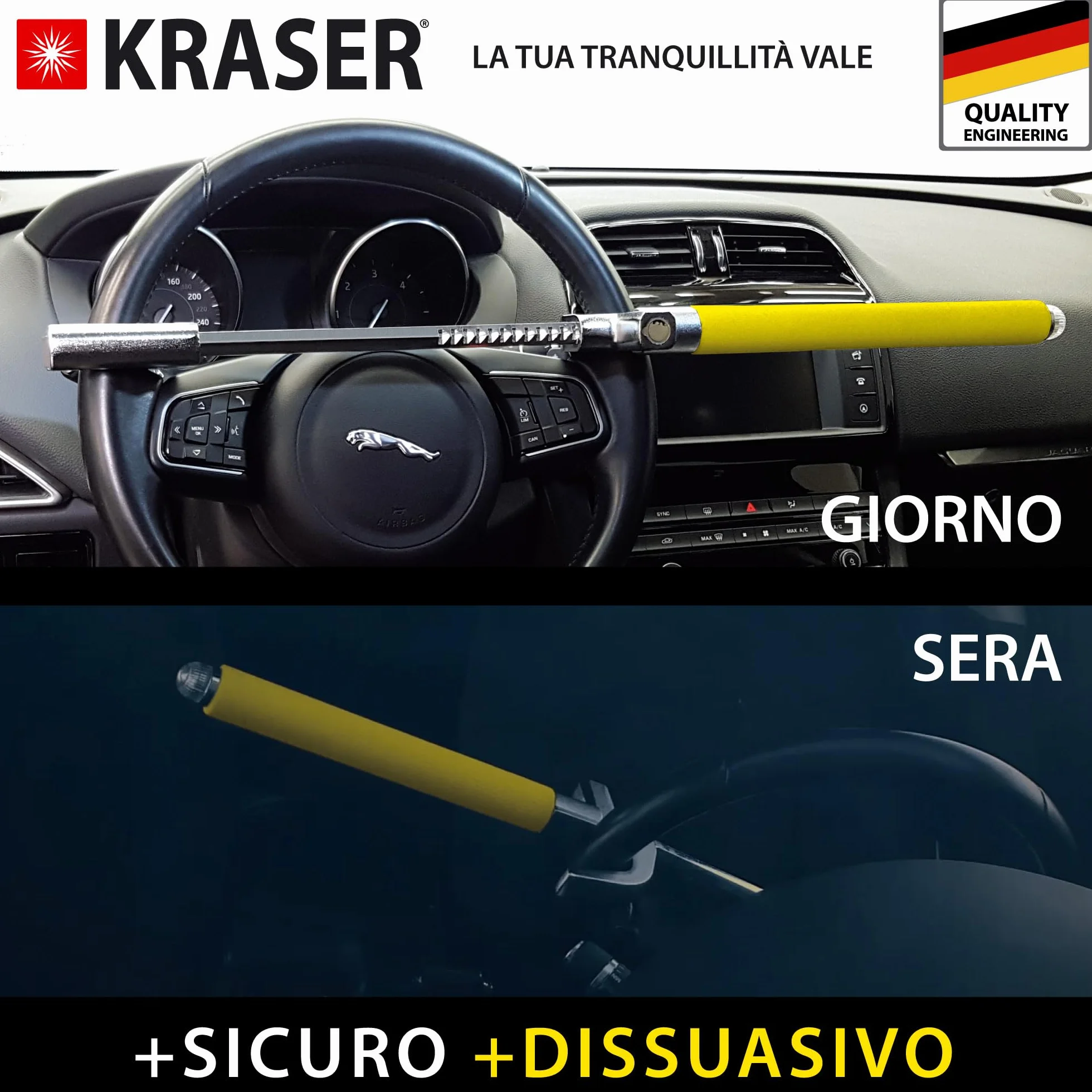 KRASER WA839Y Blocasterzo Antifurto Auto Acciaio Inossidabile 3 Chiavi