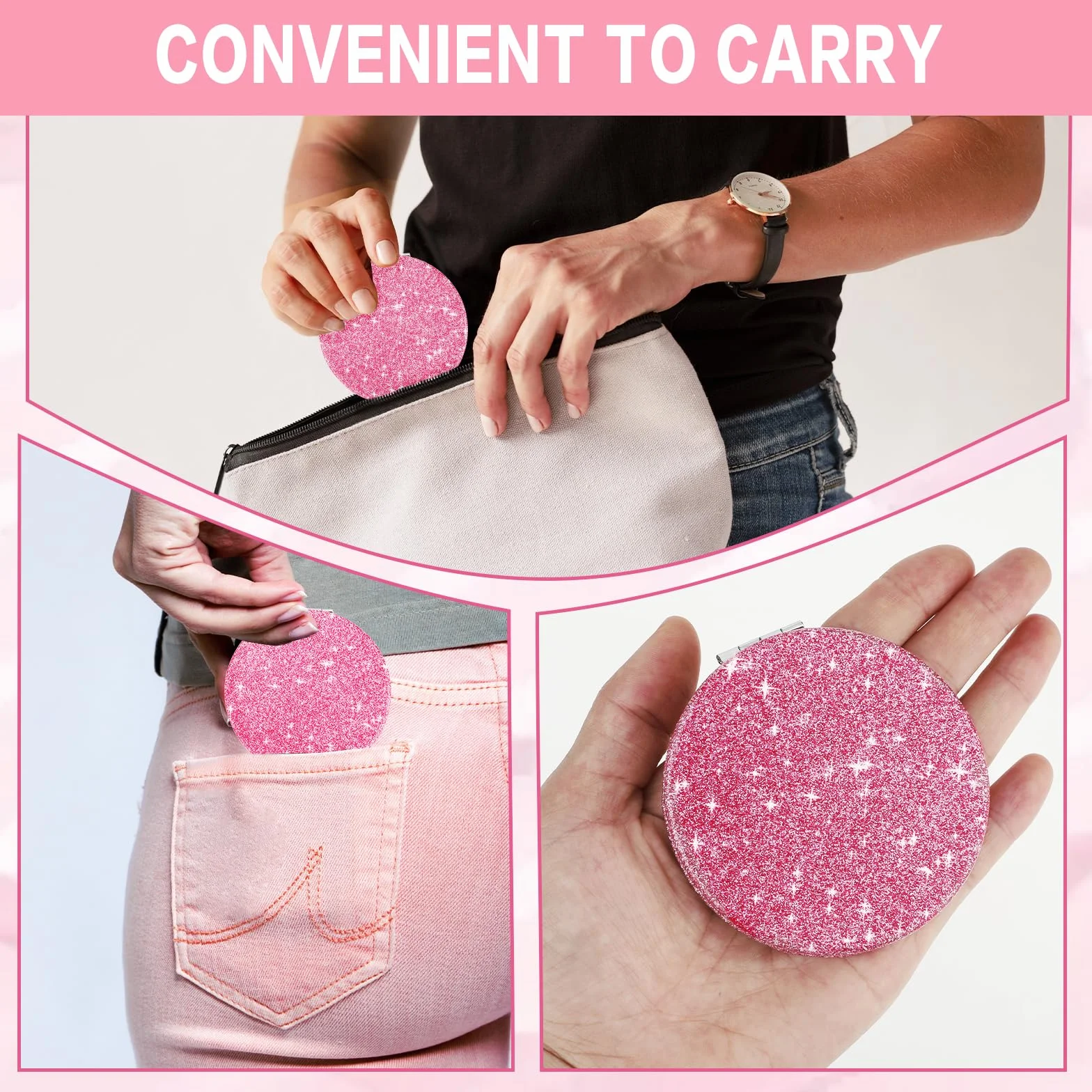 Andibro Specchio Compatto Tascabile Glitter Mini Rotondo per Trucco Pieghevole Palmare 2 Lati Ingrandimento 1x/2x Portatile per Donne Ragazze