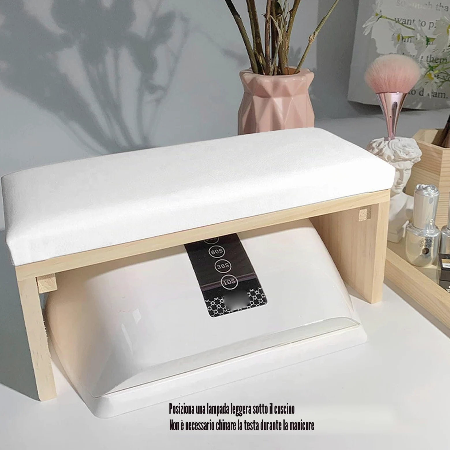 Cuscino per le Mani per Manicure Cuscino per Braccioli per Unghie in Pelle PU Poggiabraccia per Unghie con Staffa in Legno per Uso Domestico e Salone per Manicure(Bianco)