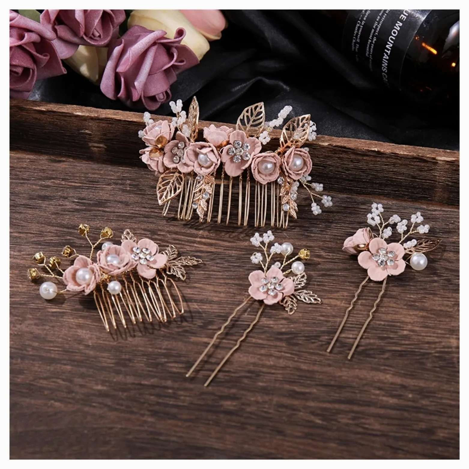 Palillos Para El Pelo Set di 4 pettini for capelli con fiori di cristallo e forcine for capelli, con perle e strass, set di gioielli da sposa, accessori for nozze(Pink)