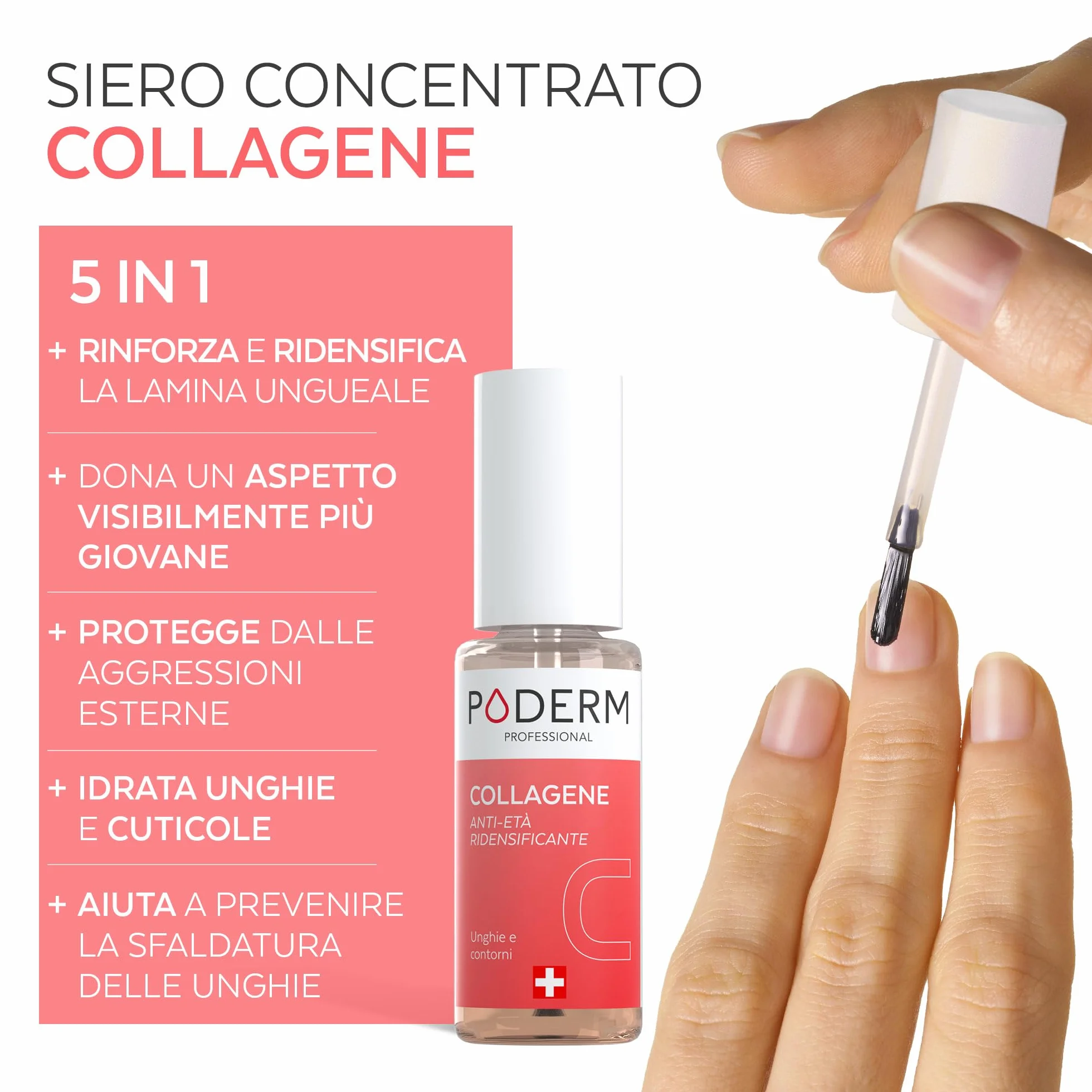 Poderm 5 in 1 Siero Booster Unghie - Collagene | Trattamento Ridensificante & Anti-Età per Unghie Indebolite - 6 ML | Idrata & Rafforza | 100% Naturale - Sviluppato da un Podologo in Svizzera