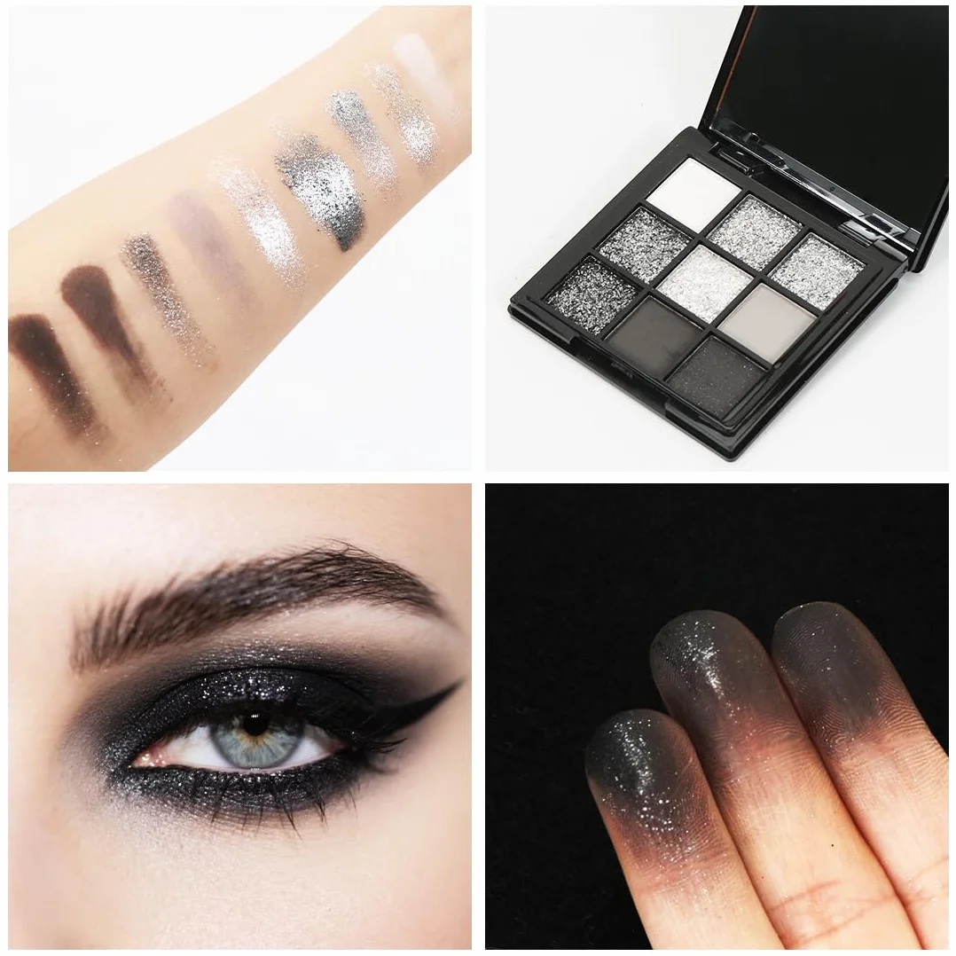 Palette di Ombretti Smokey, 9 Colori Halloween Trucco Ombretto Occhi Goth Nero Argento Grigio, Eyeshadow Scuri a Lunga Durata,Set di Trucchi per Ragazze, Kit Regalo per Spettacoli Teatrali Halloween