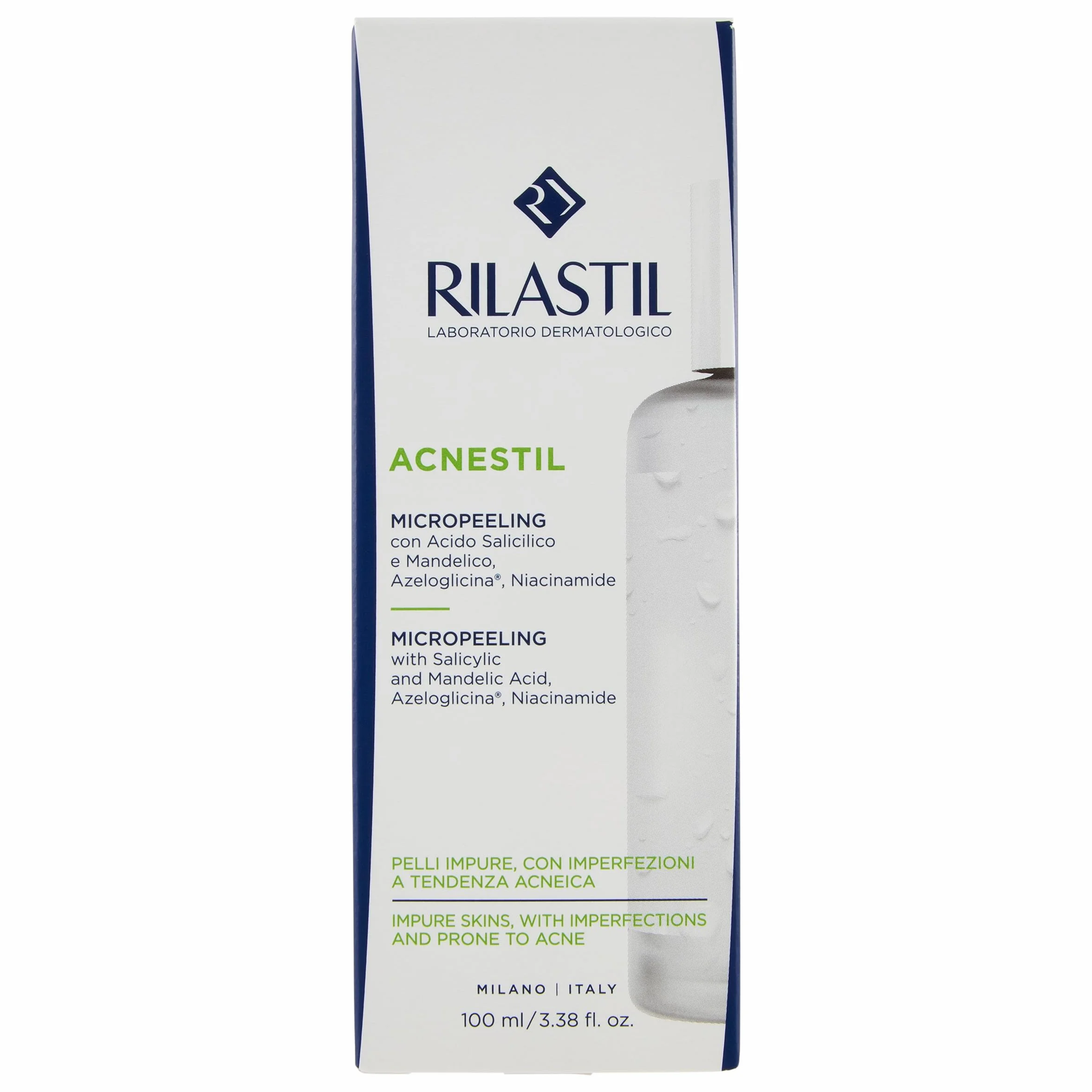 Rilastil Acnestil Micropeeling, Peeling Intensivo Viso con Acido Salicilico, Lozione Esfoliante Antimperfezioni e Purificante, per Pelli Impure con Tendenza Acneica, Confezione da 100 ml