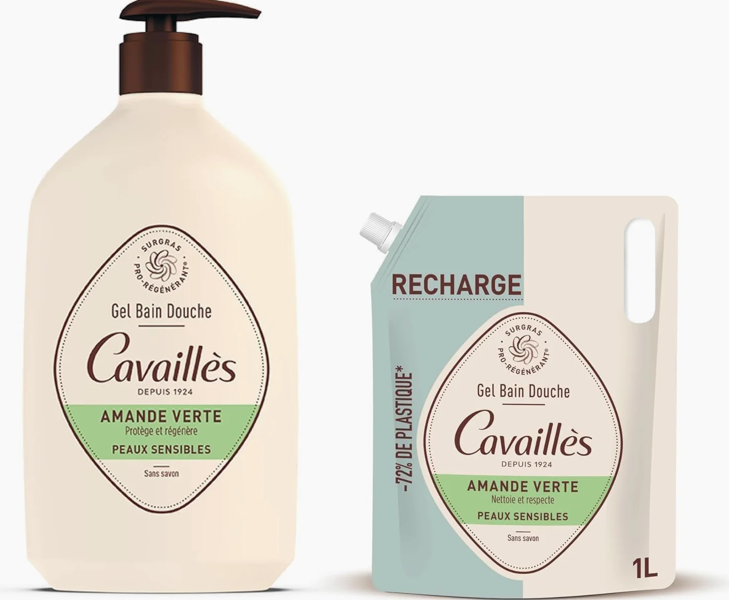 ROGÉ CAVAILLÈS | Gel Bagno Doccia Mandorla Verde + Eco-ricarica | Detergente delicato | Per pelli sensibili | Senza sapone | 84,5% di origine naturale | Per tutta la famiglia, dai 3 anni | 2x1L