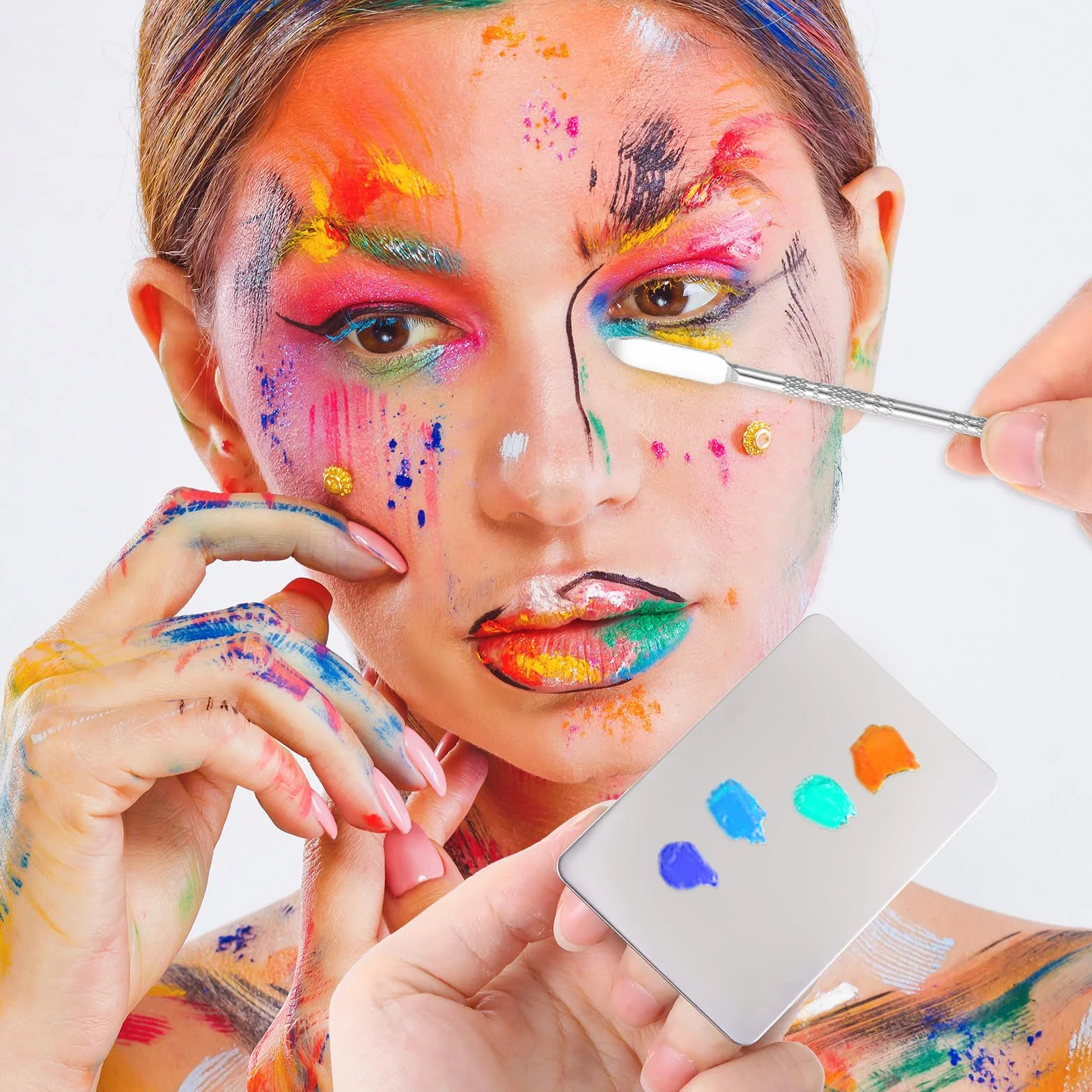 Molain Tavolozza per trucchi, in acciaio inox, spatola, cosmetici, trucco, tavolozza di miscelazione cosmetica con spatola, tavolozza cosmetica per fondotinta, nail art occhi