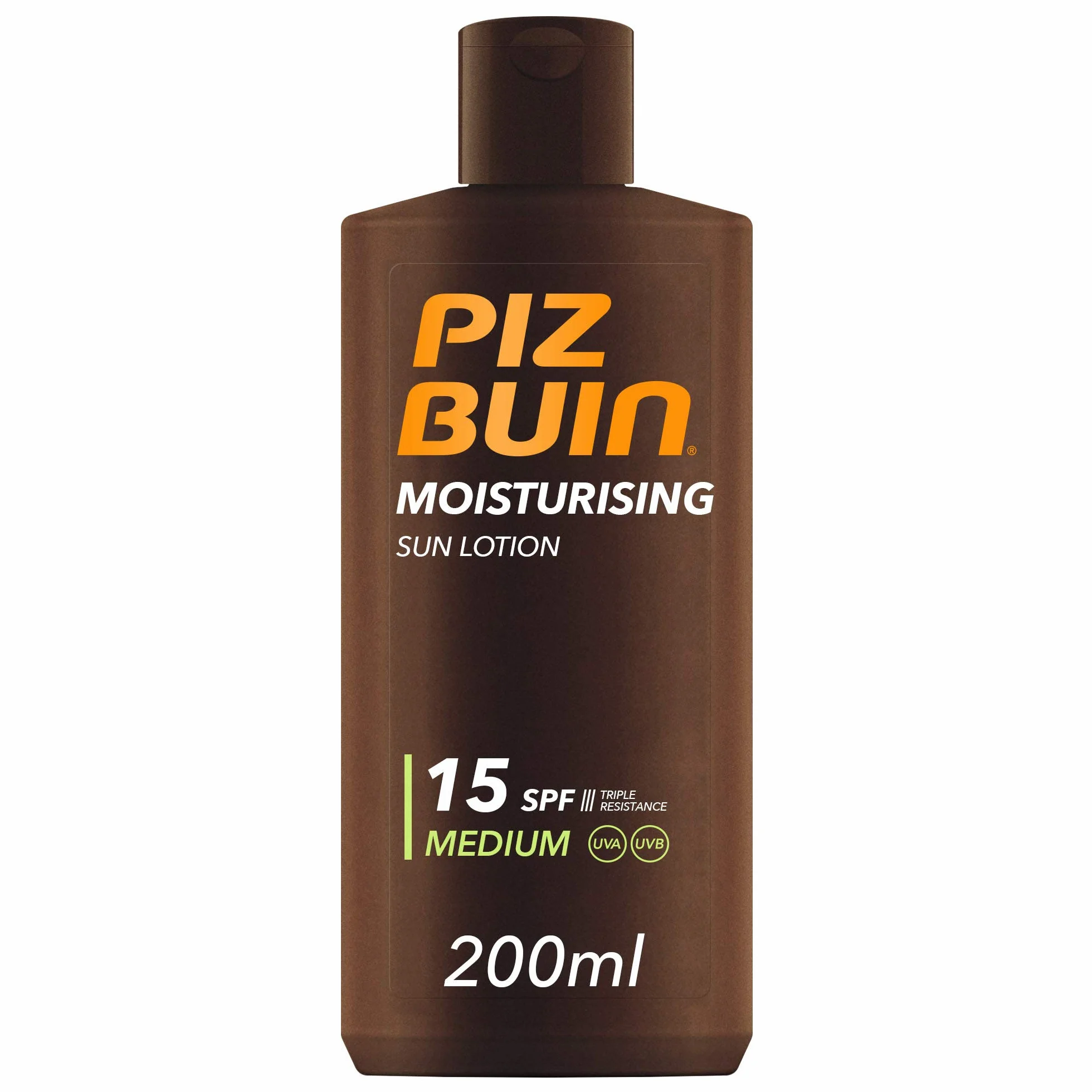 PIZ BUIN Moisturising Latte Solare SPF 15, Crema solare 15 idratante, Protezione solare 15 con filtro solare UVA/UVB e Glicerina, Latte solare SPF15 resistente all'acqua e al sudore, 200 ml