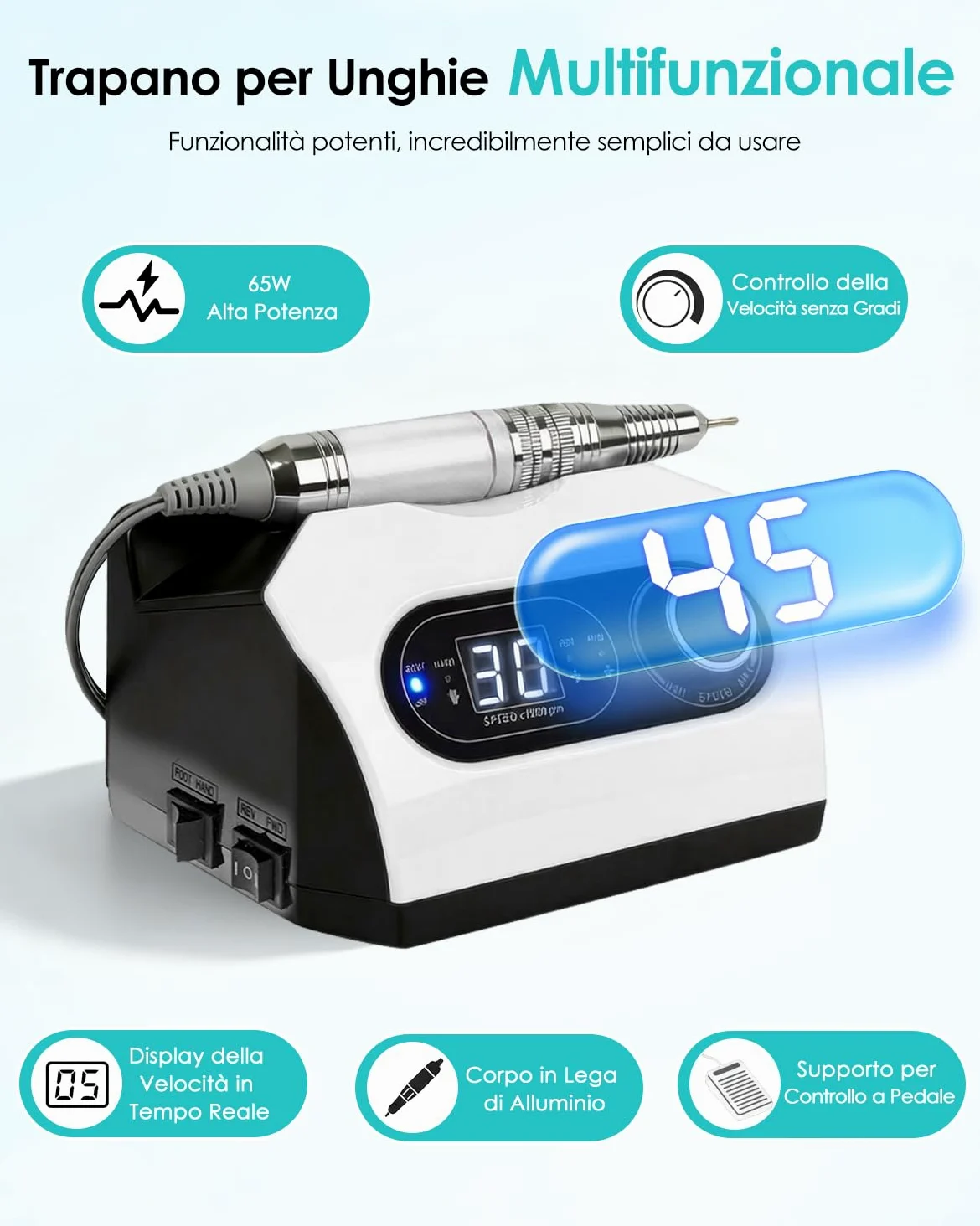 CozyZen Lima per Unghie Elettrica, Trapano Professionale a Filo con 35.000 RPM, Pedale, 6 Frese, Display LED e Controllo Velocità per Casa e Salon（Bianco）