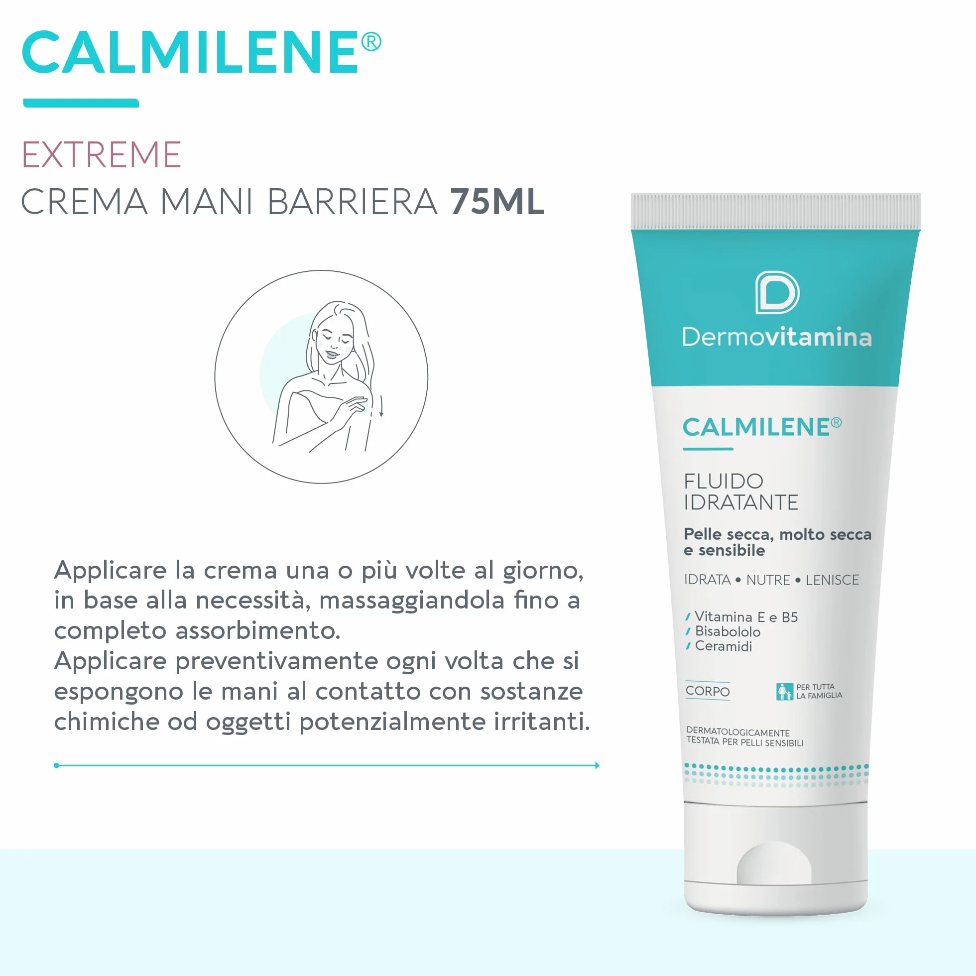 Dermovitamina Calmilene Extreme Crema Mani Barriera - Protezione per Pelle Sensibile e Irritata - Crema Mani Riparatrice - Con Vitamina E, Vitamina B3 e Oli Vegetali - 75ml