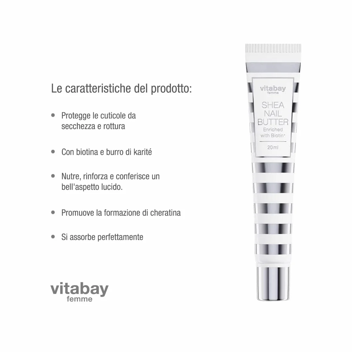 vitabay Shea Nail Butter, crema per unghie con biotina/vitamina H e burro di karitè contro unghie fragili e cuticole secche e screpolate, Burro Di Karité Per Le Unghie, 20 ml (confezione da 1)