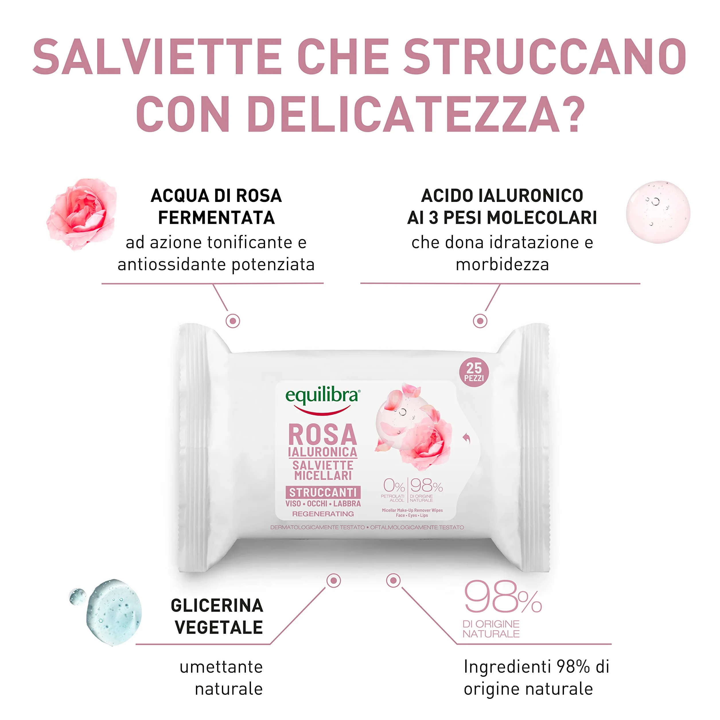 Equilibra Salviette Micellari Struccanti 100% Naturale Viscosa Rosa Fermentata Acido Ialuronico Ceramidi Vegetali 25 pz