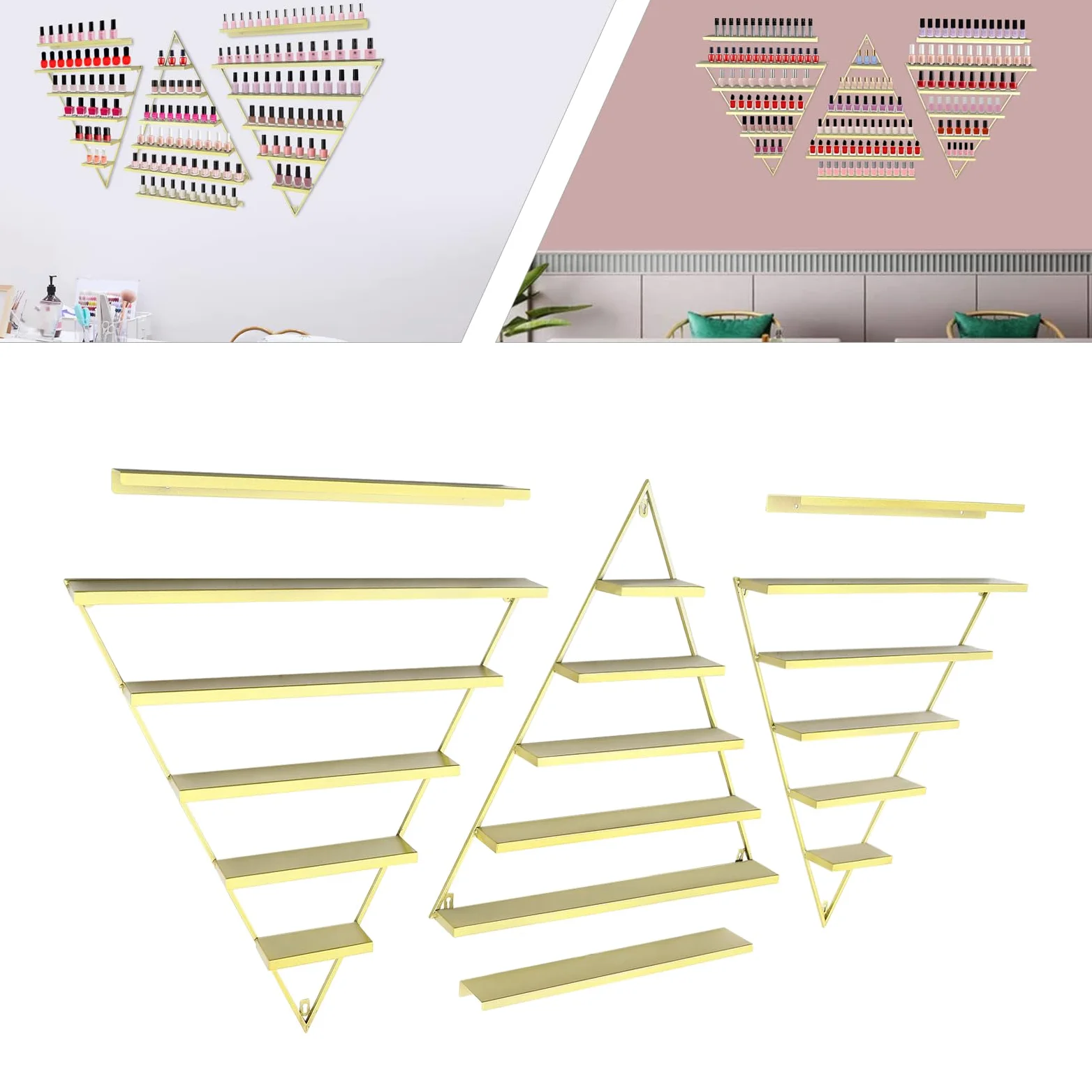 3 contenitori per smalti in metallo, organizer da parete, scaffalatura a 5 livelli, per conservare profumi, rossetto essenziale, per la casa spa, negozio di unghie, oro