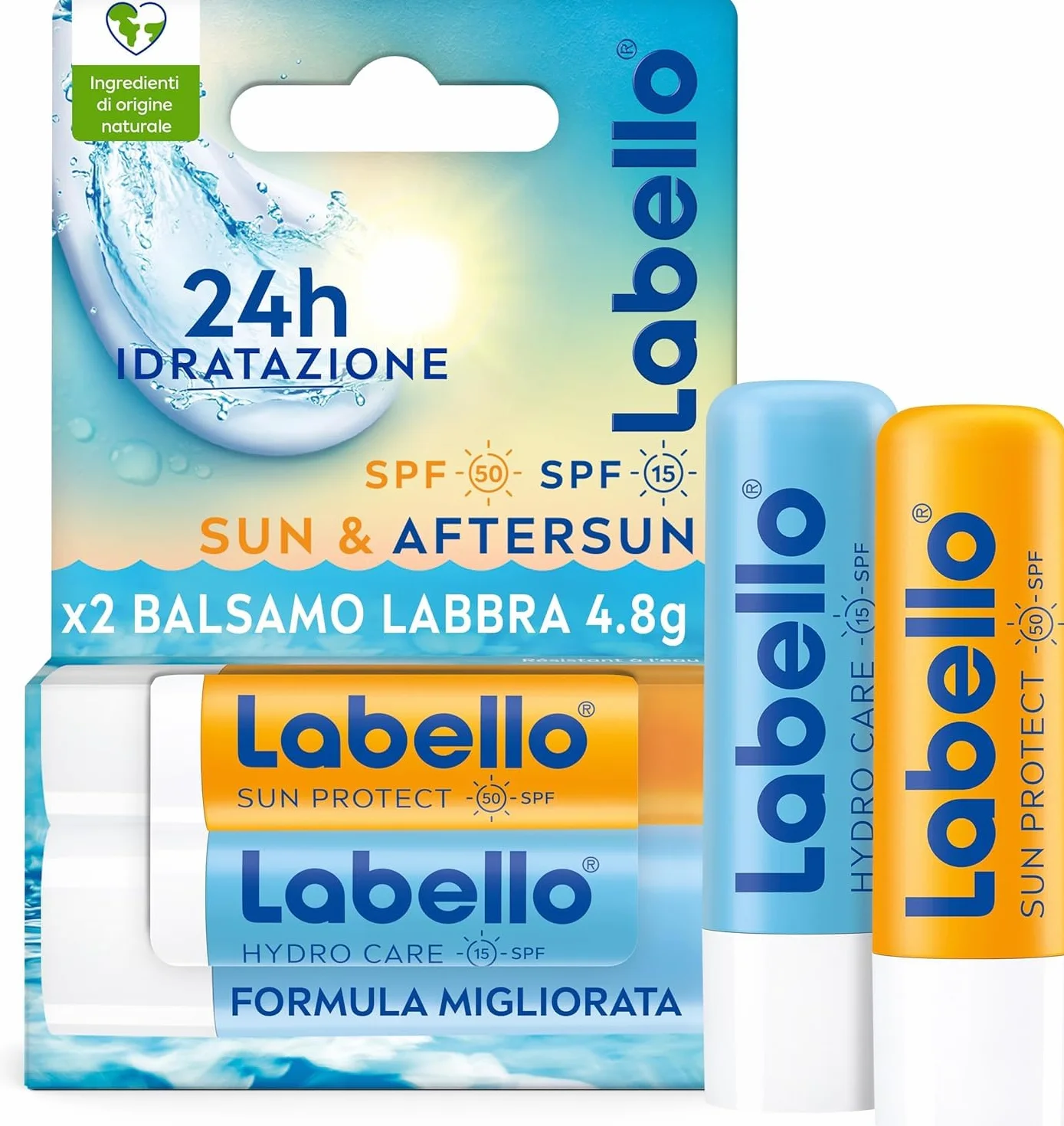 Labello Bipack Sun Protect SPF30 e Hydro Care SPF15 2 x 4.8 g, Burrocacao labbra in confezione doppia, Duo con burrocacao protezione solare idratante e balsamo labbra con filtri UVA/UVB