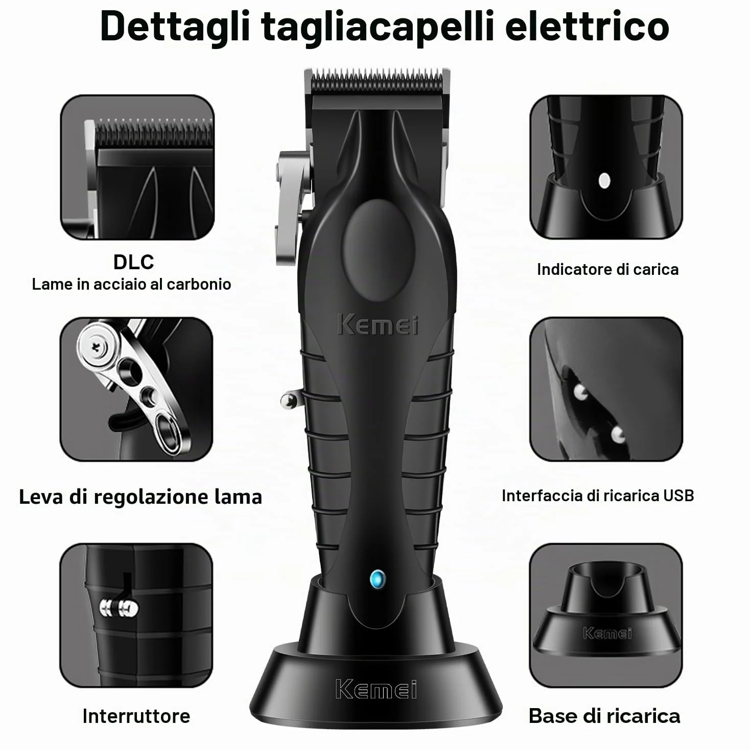 KEMEI 2296 - Tagliacapelli professionale uomo, senza fili, ricaricabile USB, 350 minuti, 8 pettini guida