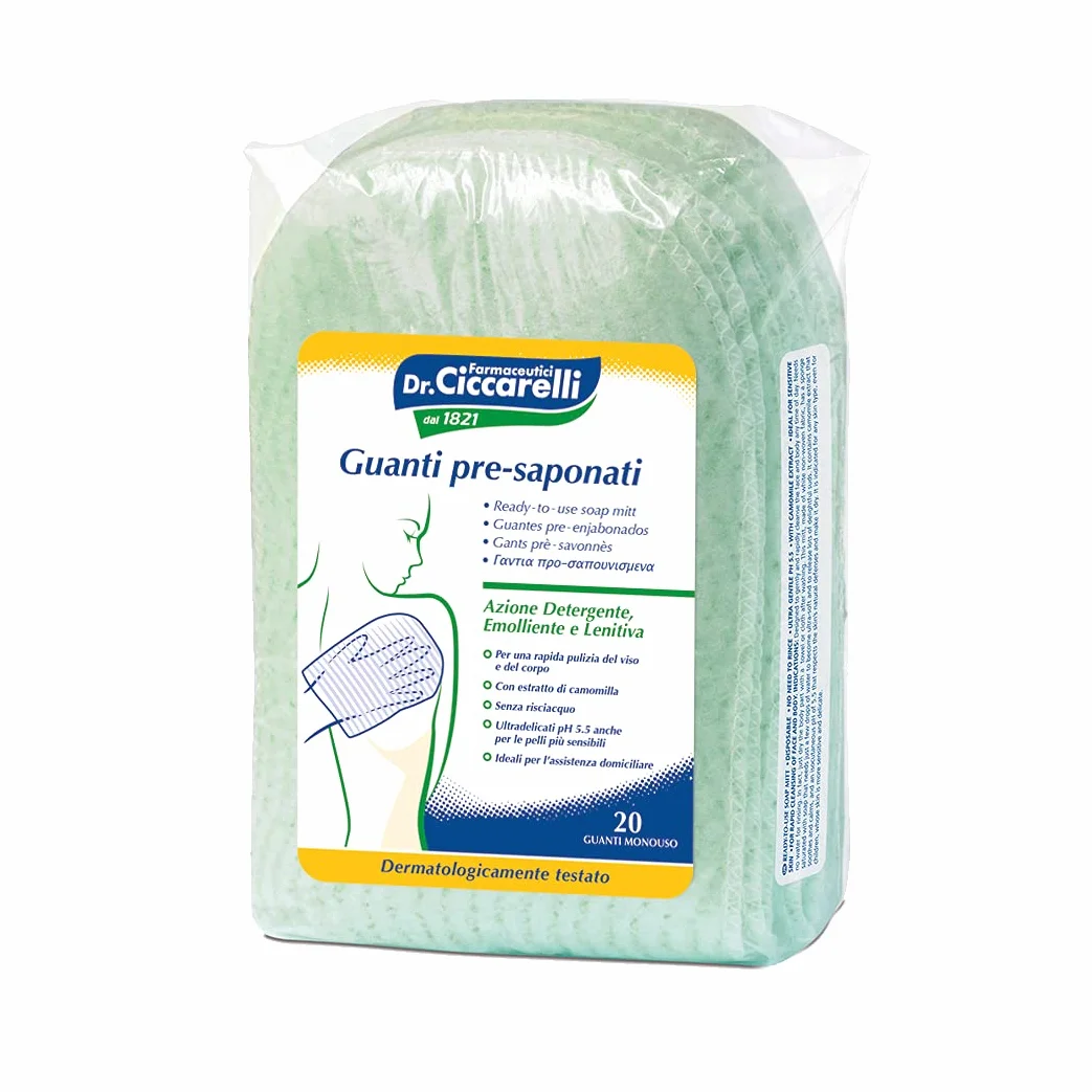 Guanto Pre-saponato Monouso Dr Ciccarelli, Deterge Viso e Corpo Senza Acqua, 20 Pezzi, Made in Italy