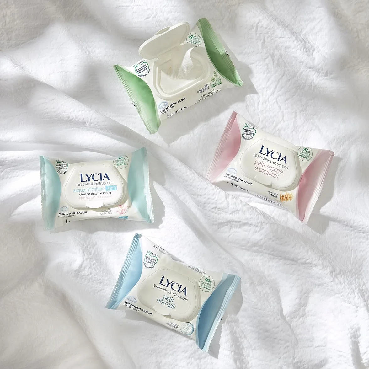 Lycia, Salviette Struccanti per Pelle Secca e Sensibile con Prebiotico e Latte d'Avena, Eco Tessuto Doppia Azione Biodegradabile, Formula Idratante, Protezione della Barriera Cutanea, 20 pezzi