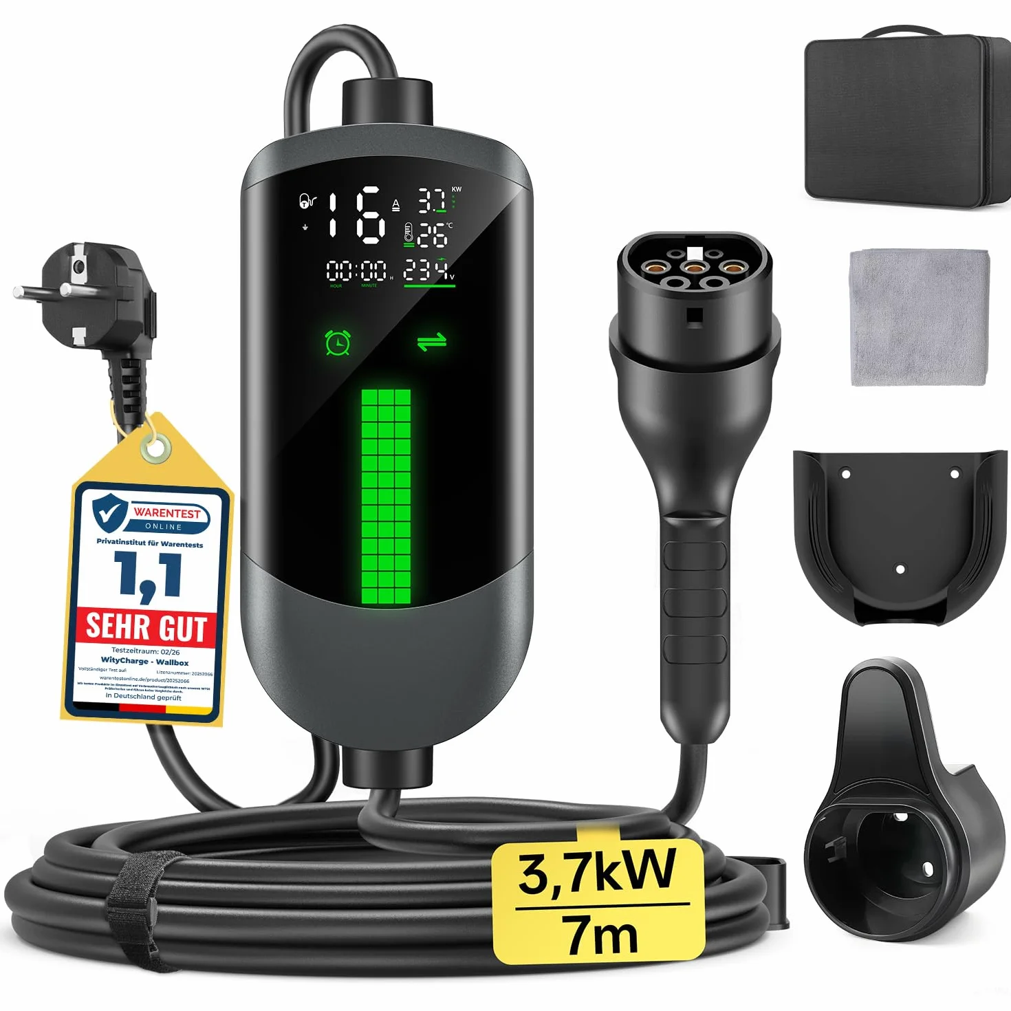 Colonnina Ricarica Auto Elettrica Wallbox 3,7kW 7M 6-16A Portatile LCD IP65 IEC 62196-2