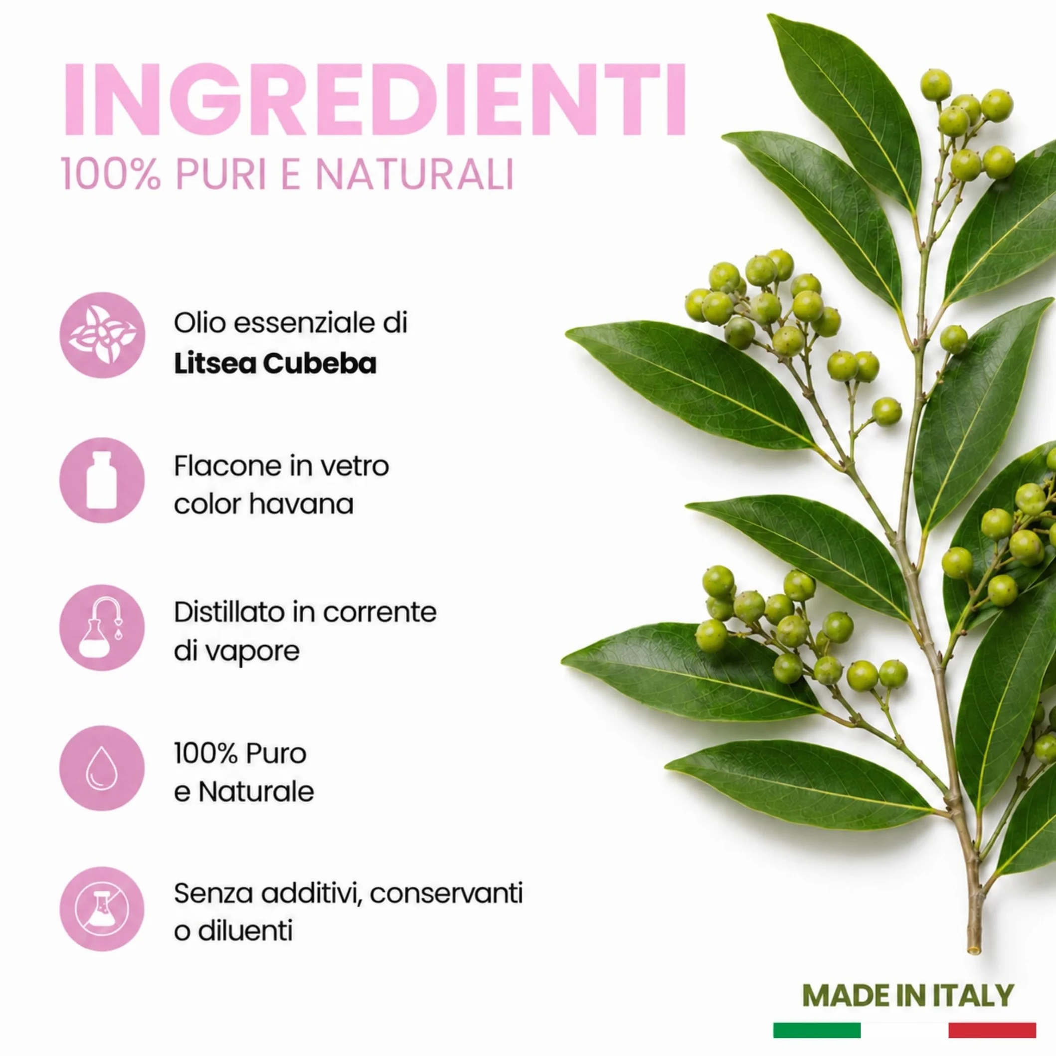Olio Essenziale di Litsea Cubeba 10ml 100% Naturale Puro per Aromaterapia Diffusori Made in Italy