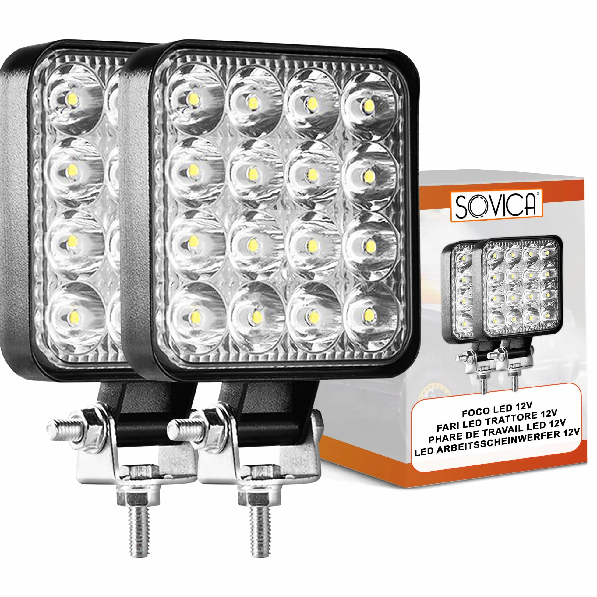 Faretto LED 12V 24V 48W 16LED 6500K Alluminio ABS 10.5cm Sovica Faro LED Trattore 4x4
