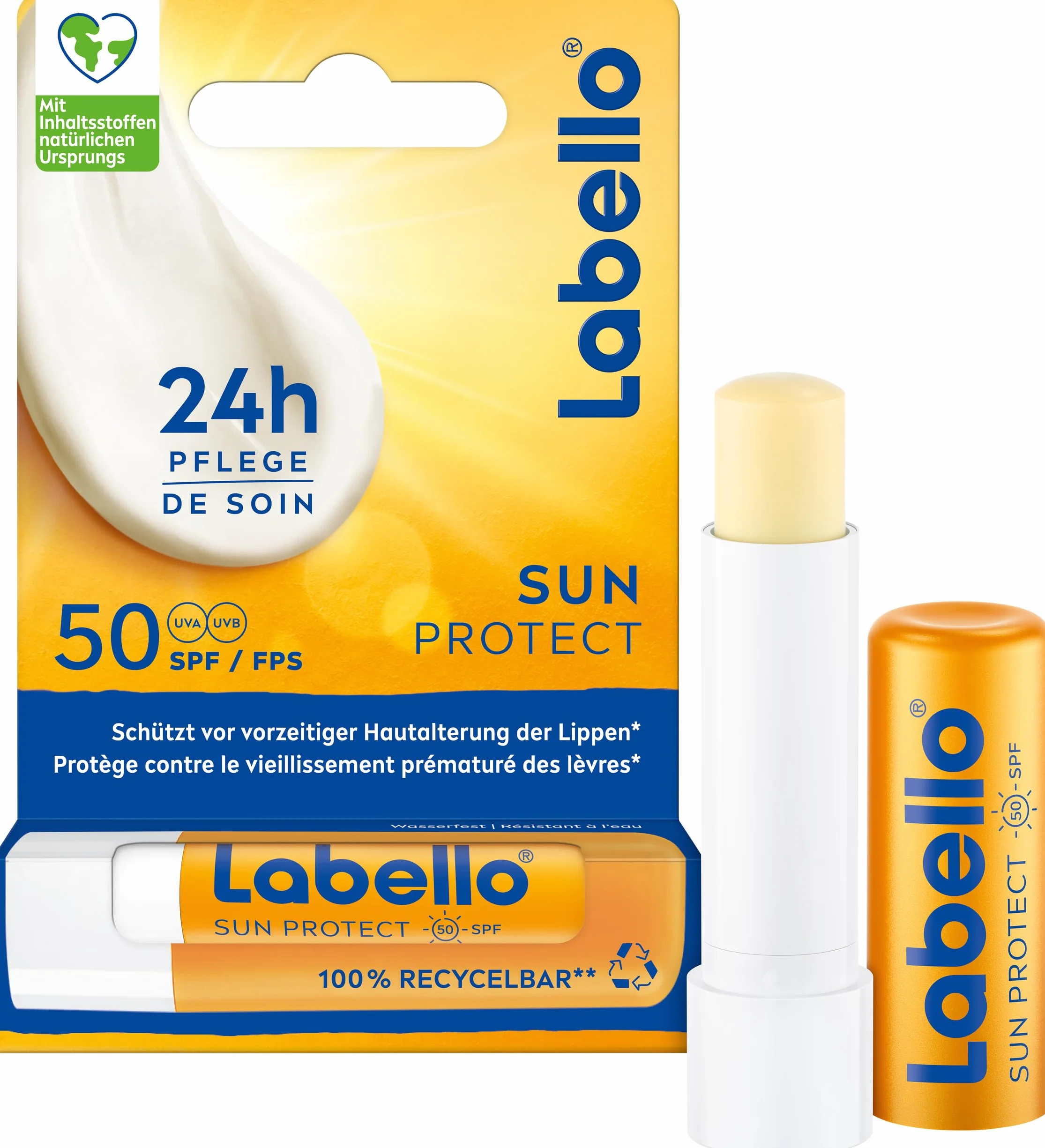 Labello Sun Protect SPF 50, cura delle labbra impermeabile ad alta protezione solare, cura delle labbra senza olio minerale con burro di karitè, vitamine e oli naturali (4,8 g)