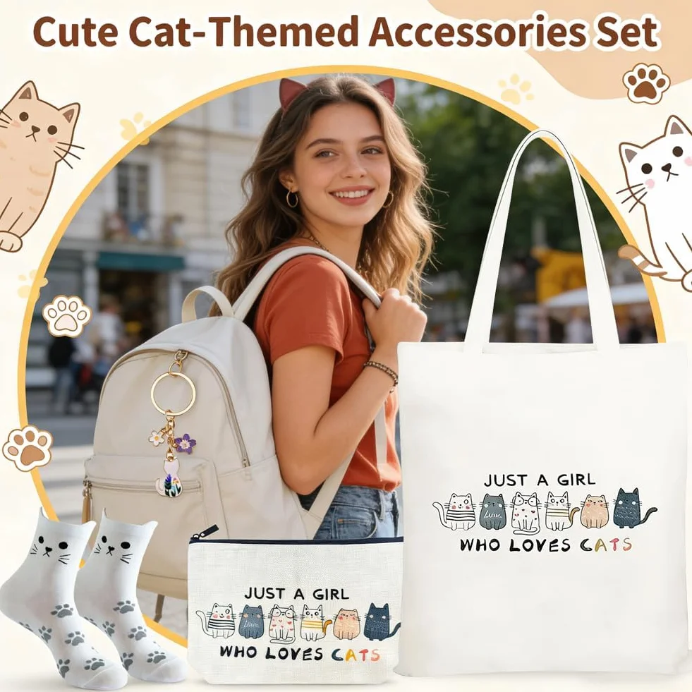 Set Regalo ：Borsa Tote Canvas, Borsetta per Trucco, Calzini & Braccialetto - Regalo per Donne, Ragazze