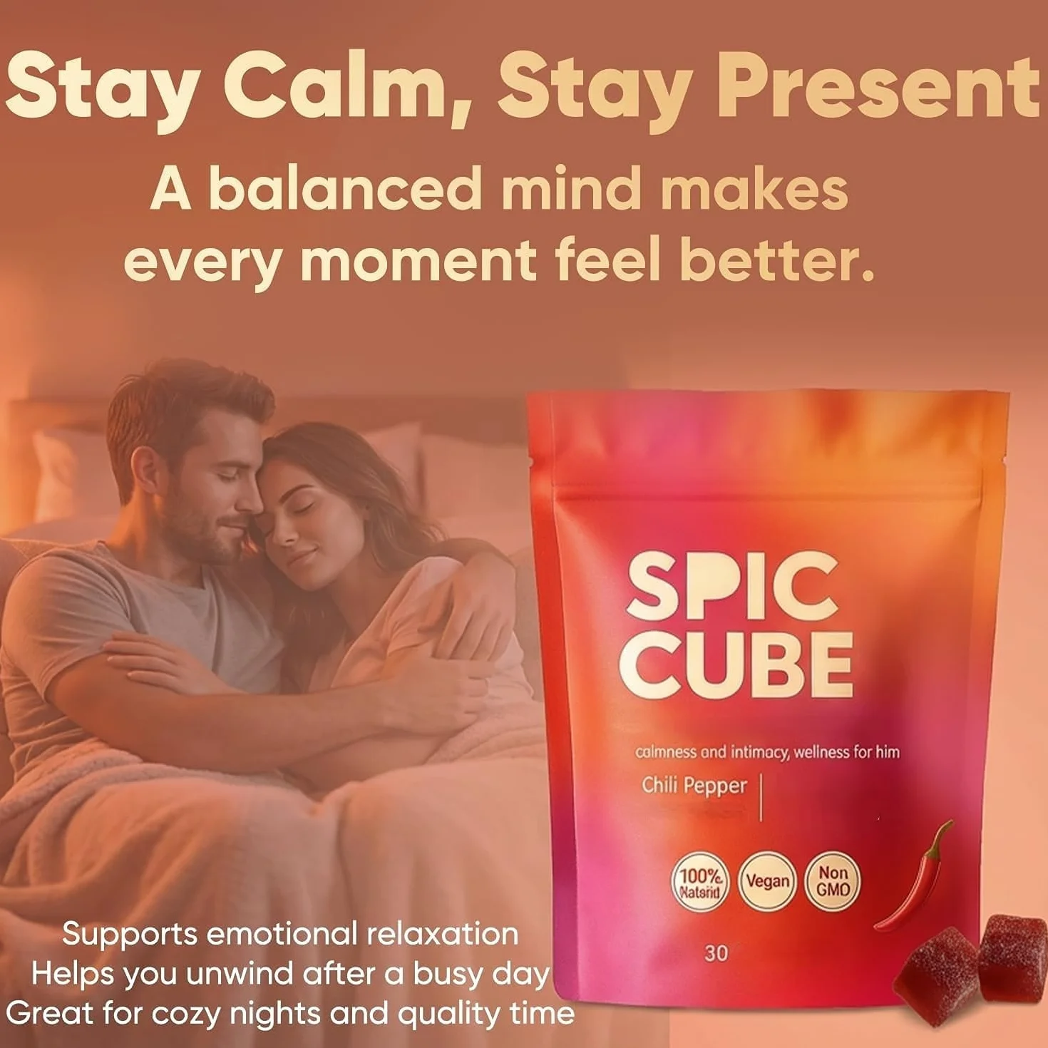 Cubetti Dal Gusto Piccante, Al Gusto Pesca, Aiuta La Calma E Il Benessere Dell'Intimità,1Pcs