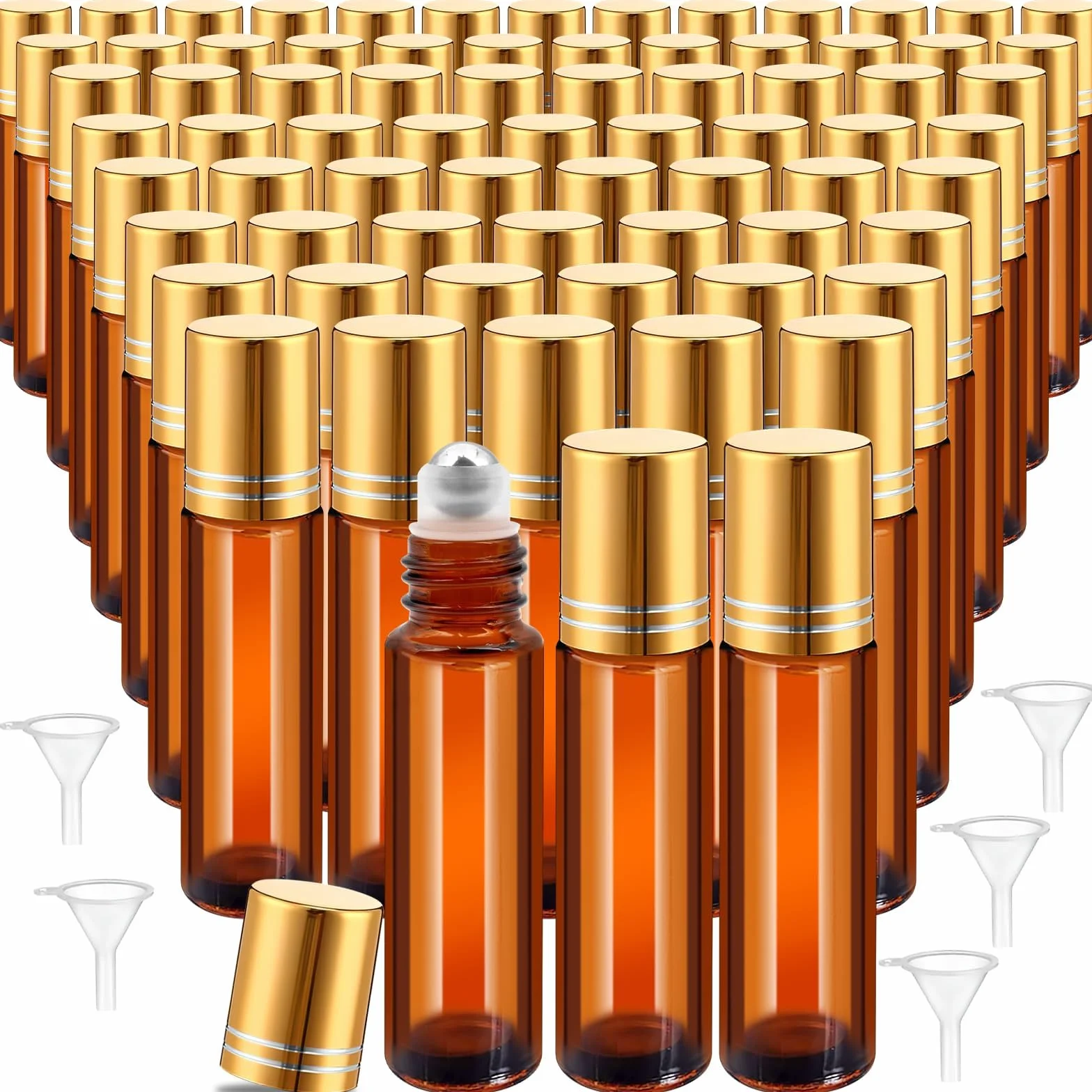 50 bottiglie Roll-On da 10 ml, in vetro ambra, ricaricabili, con sfera in acciaio inox, per oli essenziali, profumi e cosmetici, inclusi 5 tramoggia