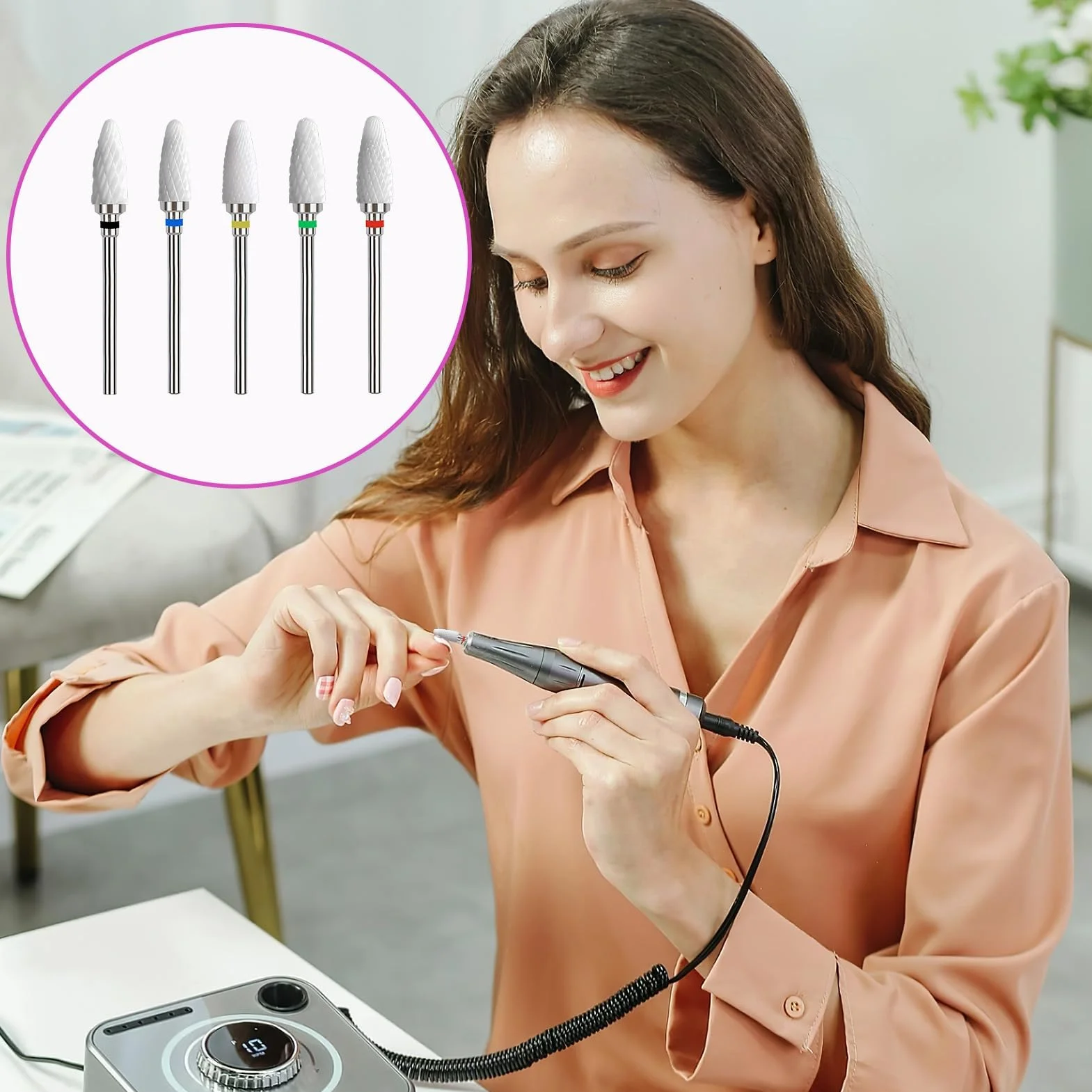 Set di Punte per Unghie in Ceramica Professionale 3/32'' Forma di Mais per Lucidatura Acrilico e Gel Kit 5 Pezzi