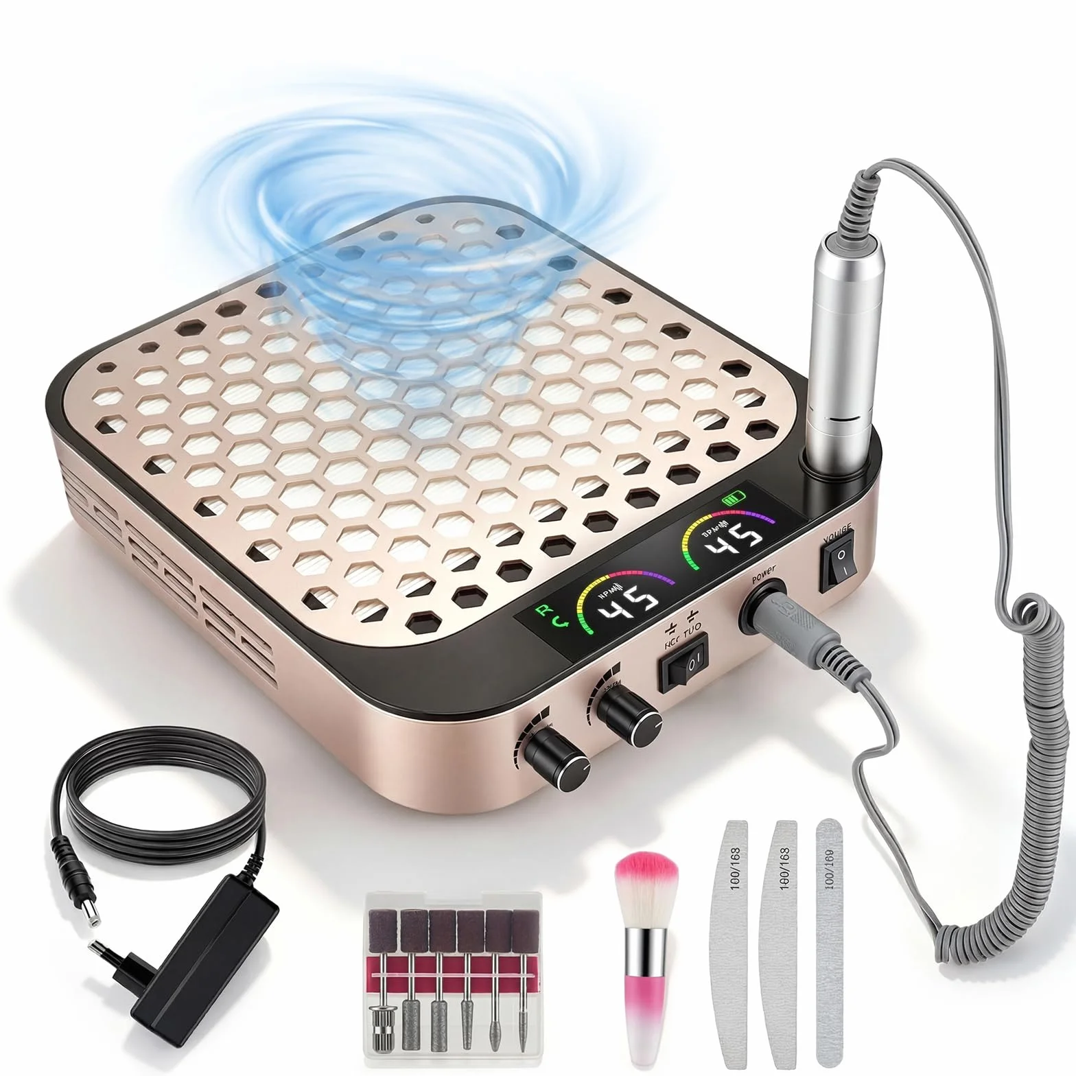 Aspirapolvere per unghie, aspirazione polvere wireless per unghie, tagliaunghie elettrica ricaricabile USB 45000PRM con display a LED, motore brushless, aspirapolvere silenzioso per unghie(Pink)