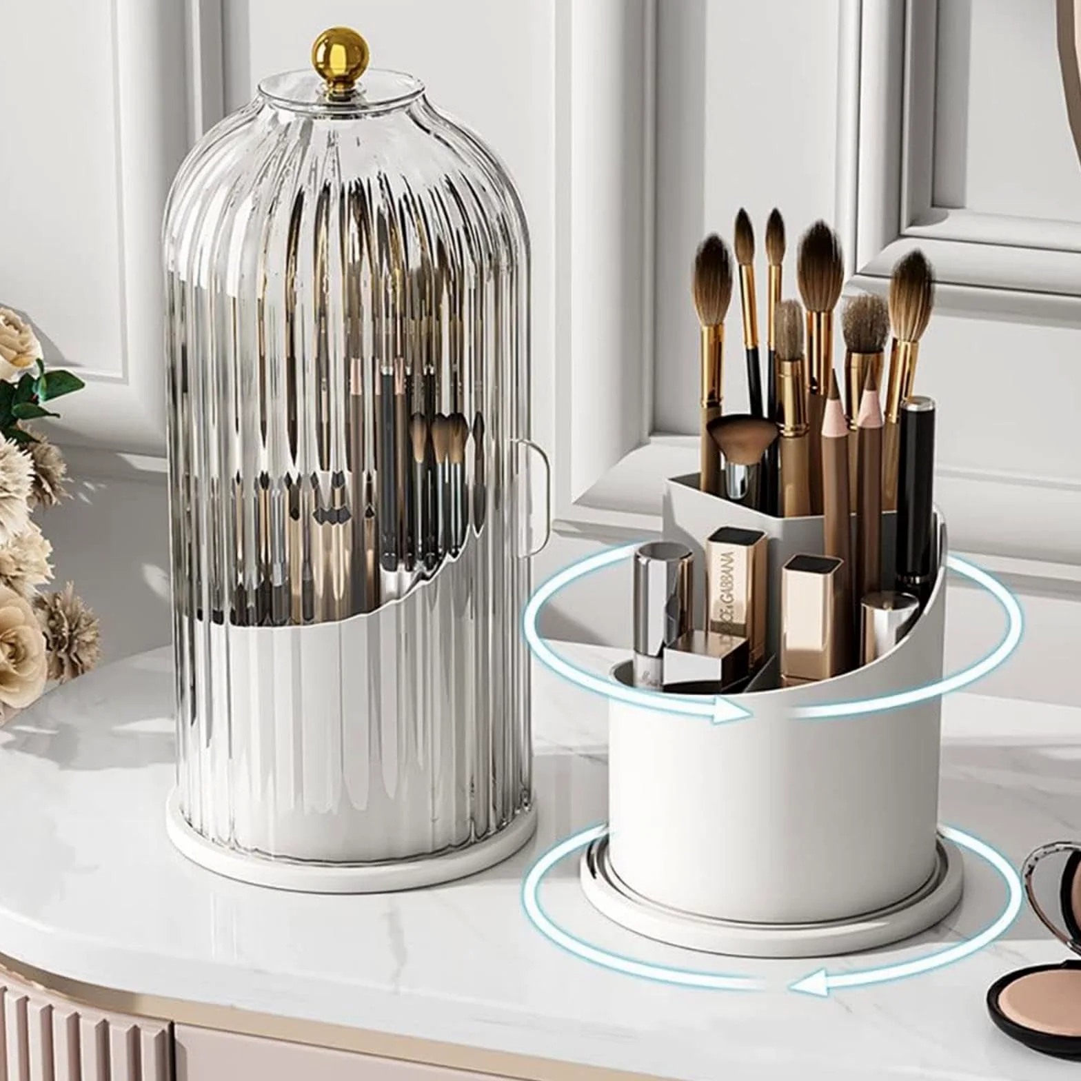 VIDECOR Porta Pennelli da Trucco Girevole a 360° con Coperchio Organizzatore Girevole per Rossetto Eyeliner Ombretto Portamatite per Sopracciglia Scatola Portaoggetti,C