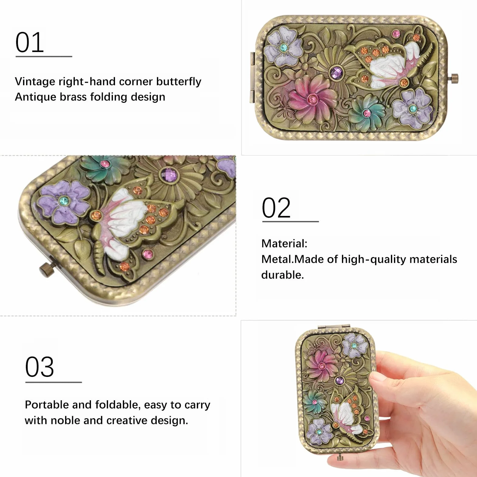 Specchio Pieghevole Vintage Oro Portatile Trucco Compatto Rettangolare da Viaggio